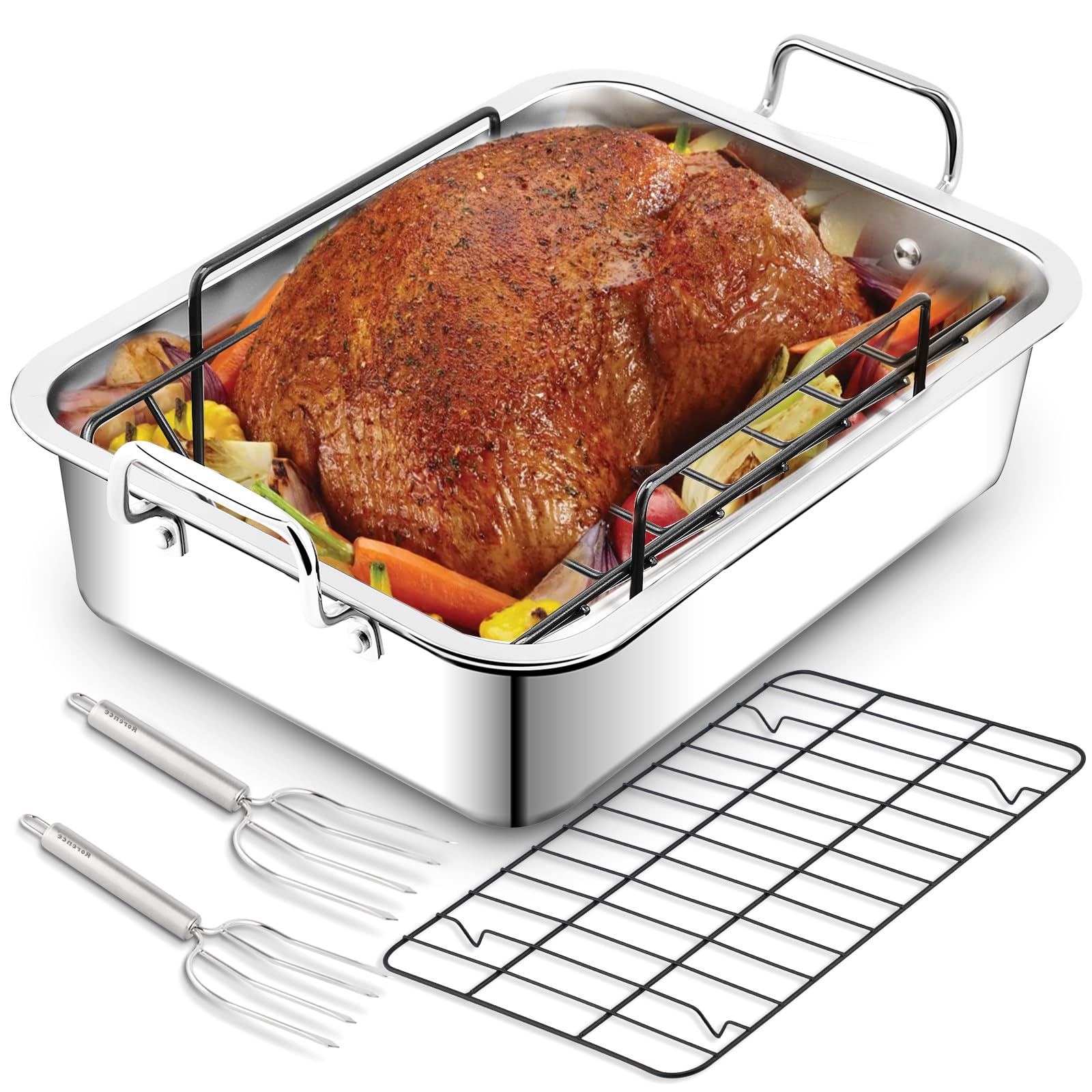 Turkey Roasting Pan With Nonstick Rack: Large 16 X 12 Inch Stainless Steel Turkey Roast Pan Set Rectangular Roaster - Perfect Fo