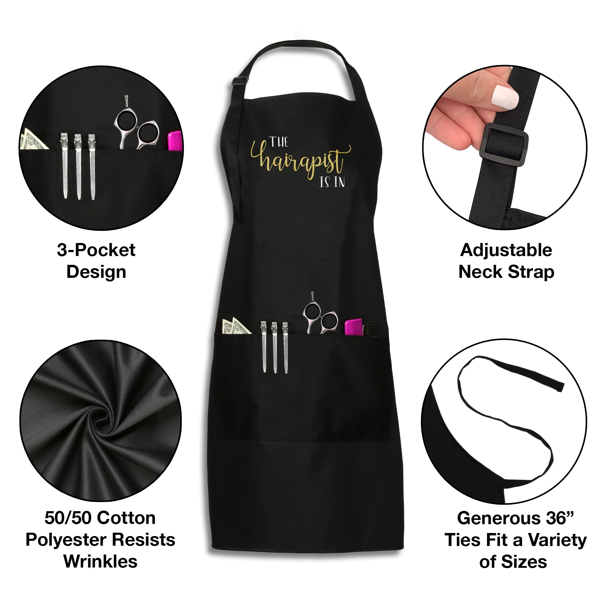 Plum Hill The Hairapist Is In Hair Stylist Salon Apron With Screen Print, Black With 3 Pockets (Hairapist)