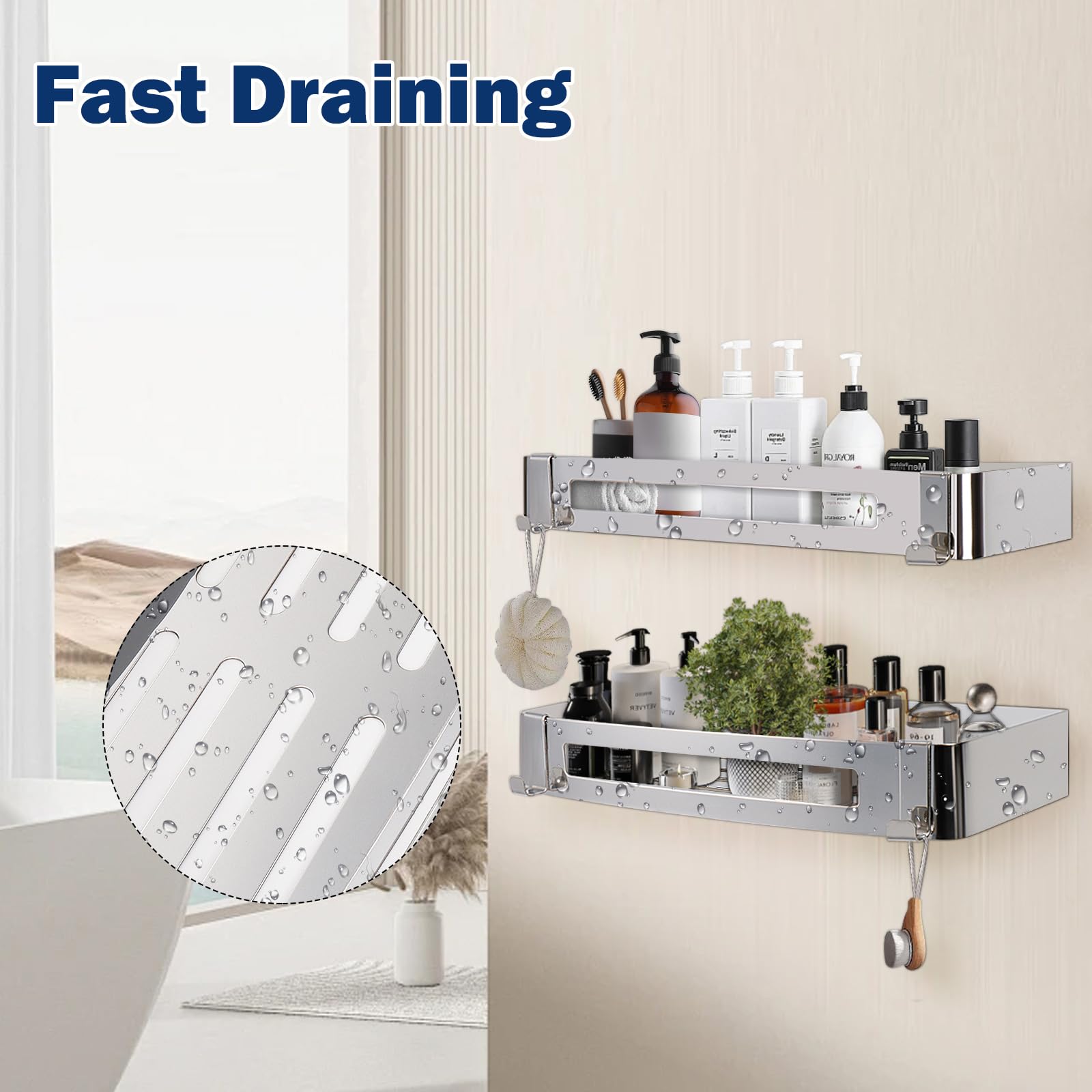 Nearmoon Bathroom Shower Caddy 2 Pack, No Drill 304 Stainless Steel Shower Organizer With 2 Hooks (Shower Shelf, Chrome)