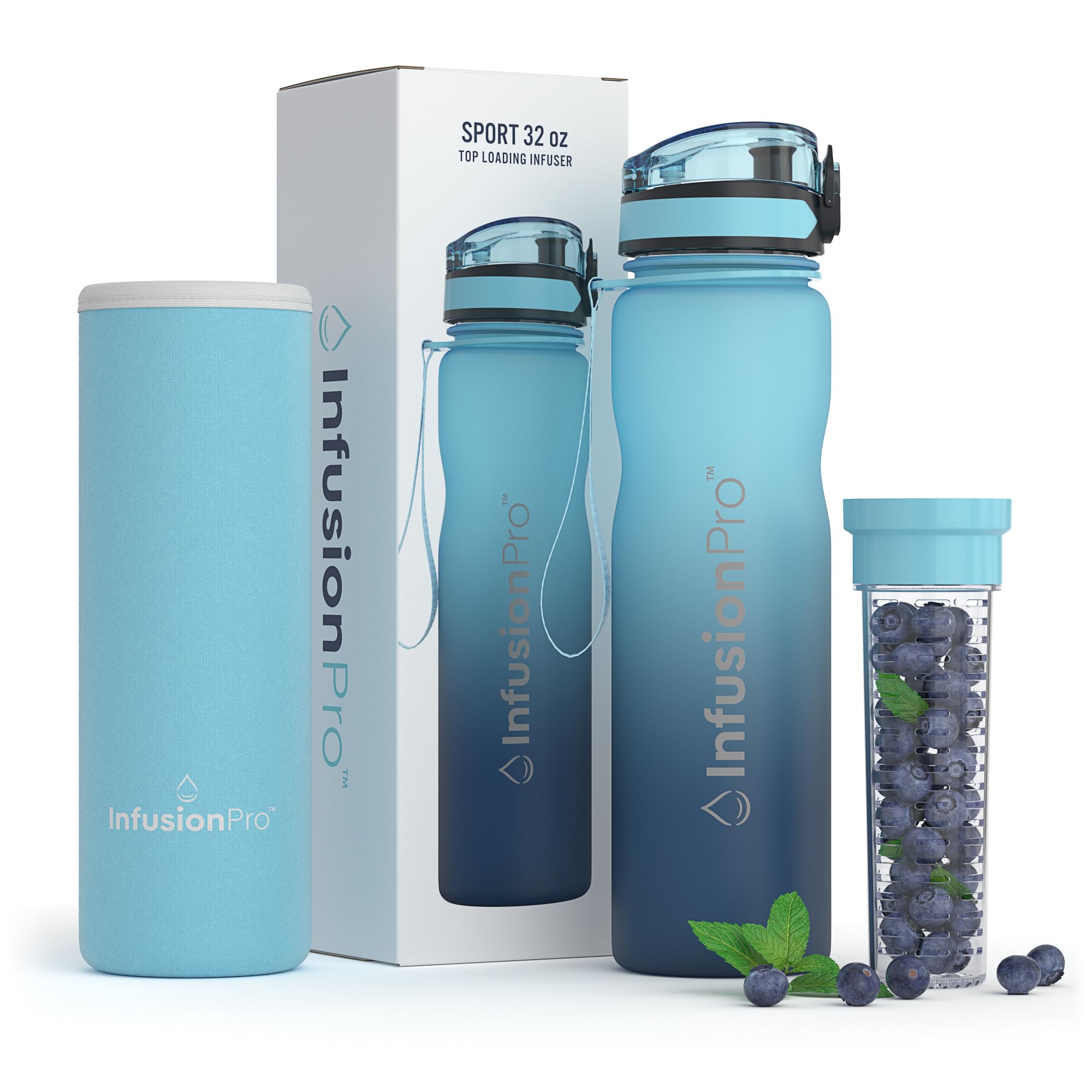 Infusion Pro 32 Oz Fruit Infuser Water Bottle With Time Marker - Flip Top Locking Lid, Insulated Sleeve & 50 Recipe Fruit Infusi