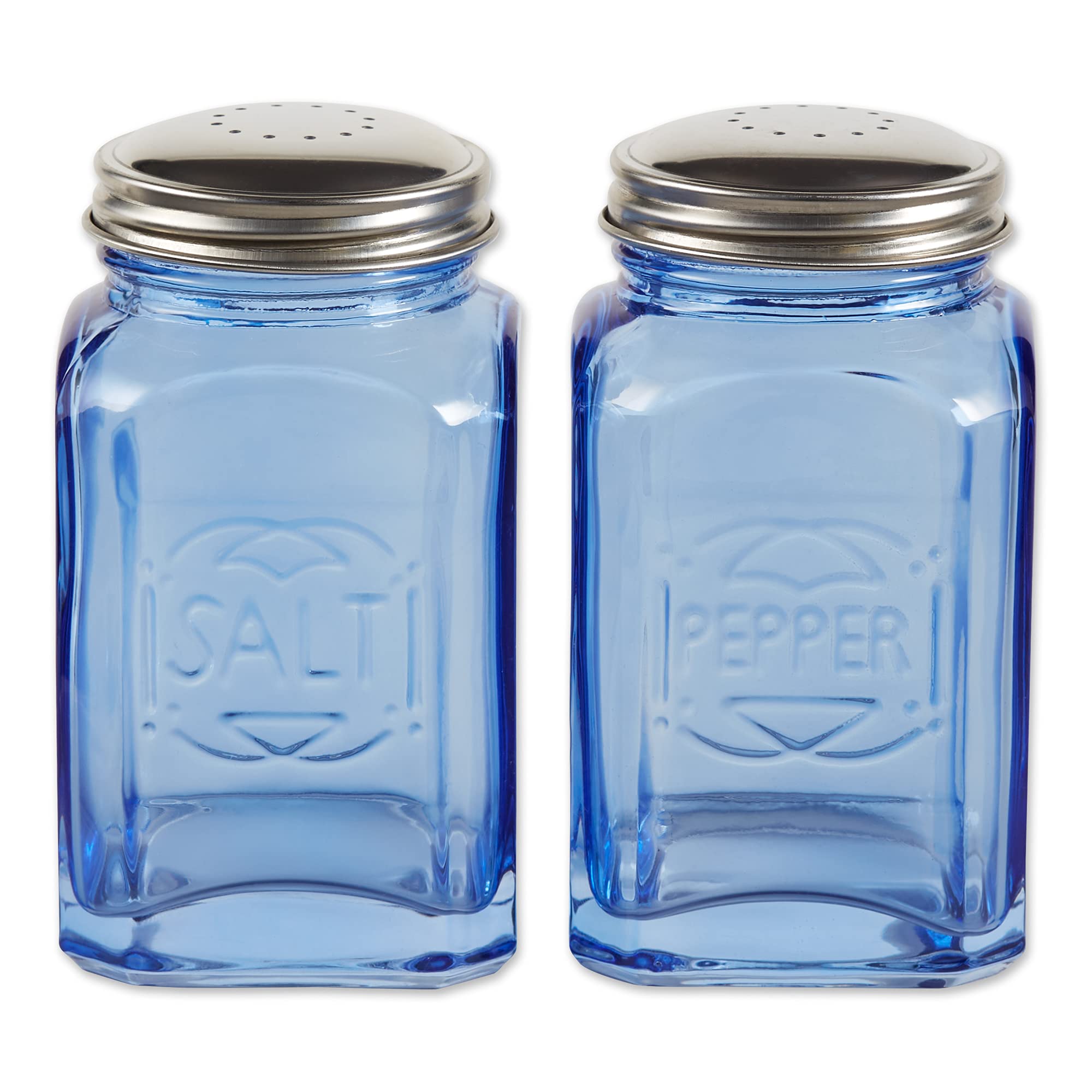 Rsvp International Jumbo Retro Glass Salt & Pepper, Screw On Stainless Steel Lid, Each Shaker Holds 8 Ounces, 2.25X2.25X4.6, Blu