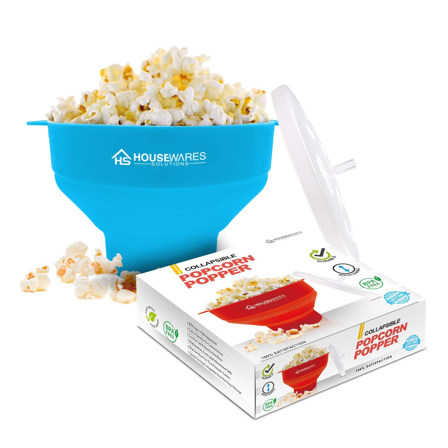 Collapsible Silicone Microwave Hot Air Popcorn Popper Bowl With Lid And Handles - Aqua