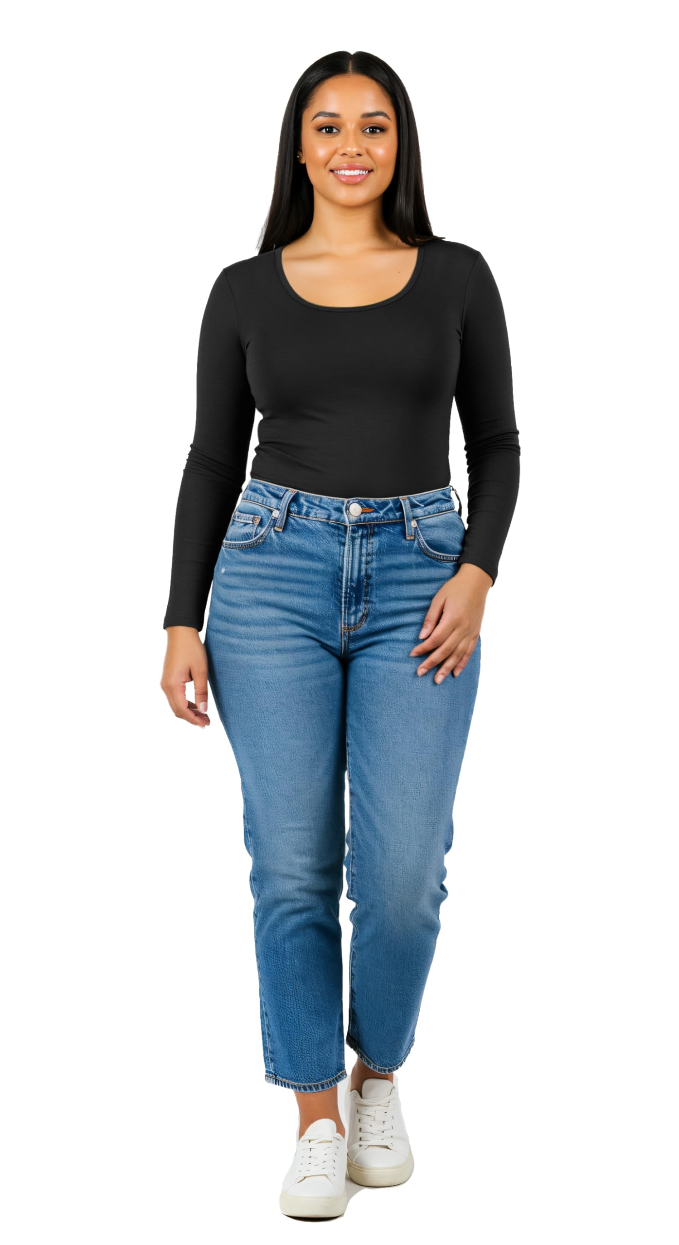 Emmalise Womens Junior And Plus Size Basic Scoop Neck Tshirt Long Sleeve Tee, Large, 3Pk Black, Olive, White