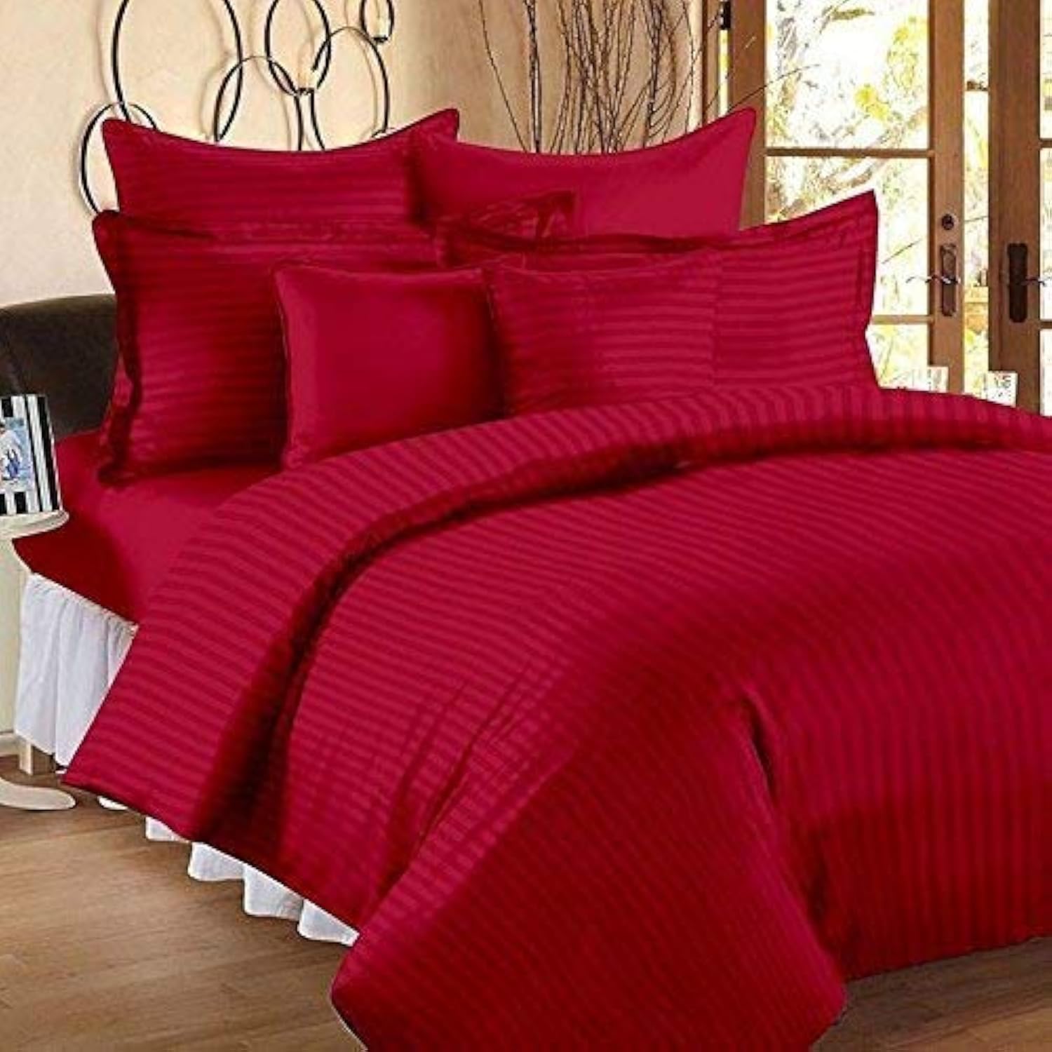 Ab Home Decor 210 TC Glace Cotton Satin Stripes Plain Color Bedsheet for Double Bed King Size with Two Pillow Covers (90 x 100 I