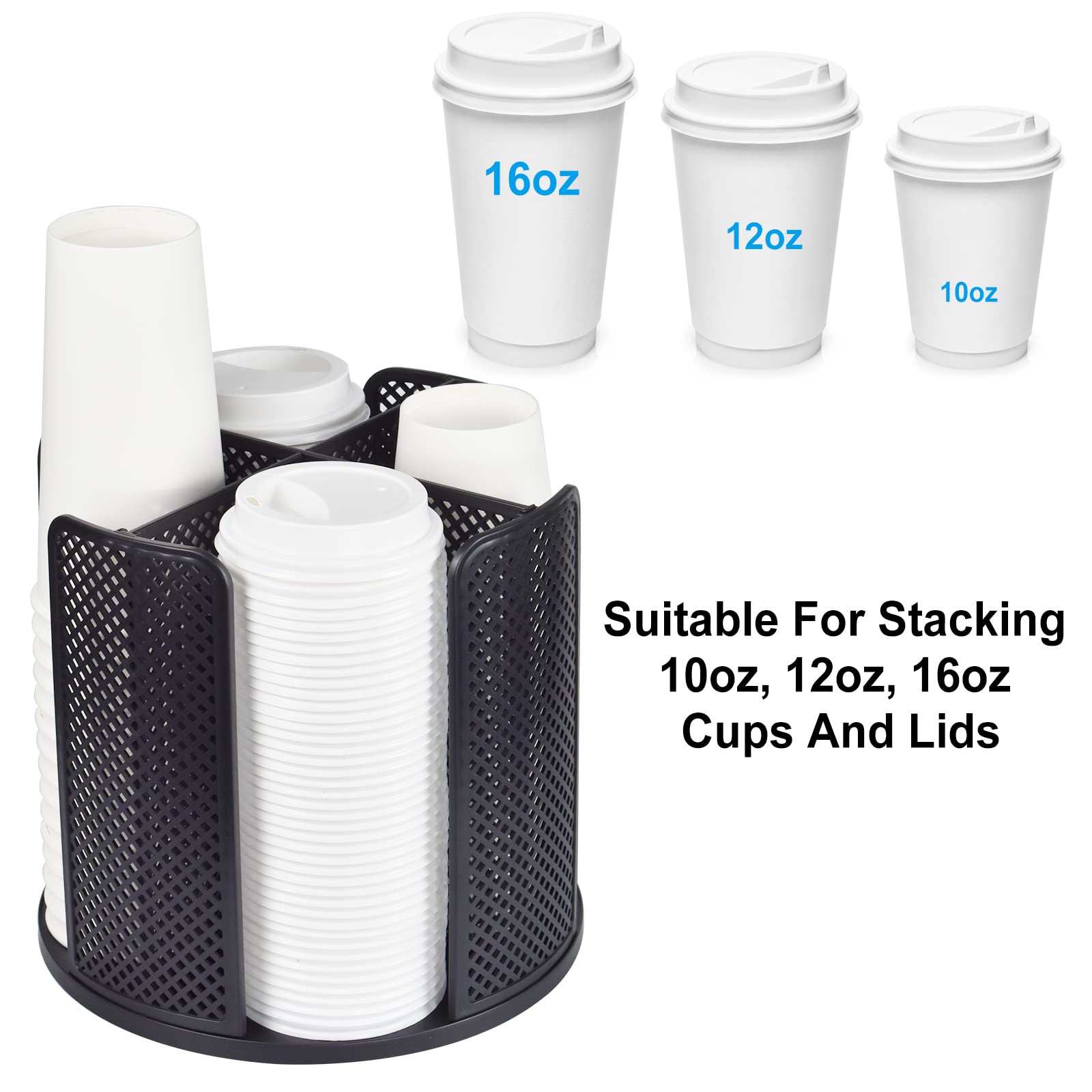 Samhe Coffee Cup Dispenser, Rotatable Cups And Lids Holder For 5-16Oz Cups 4 Compartment Coffee Cup Holder Countertop Coffee Cup