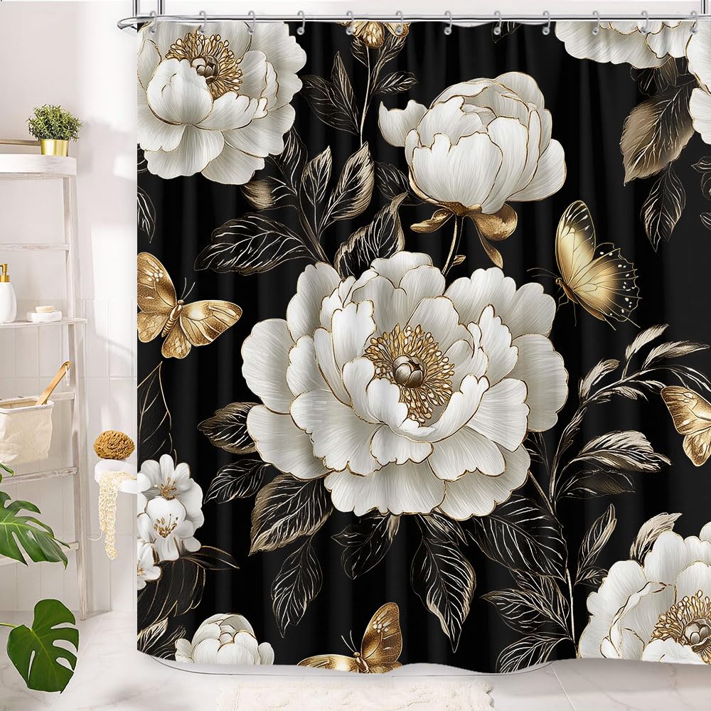 Black And Gold Boho Floral Shower Curtain, Vintage Unique Dark Flowers Botanical Aesthetic Decorative Shower Curtain, Pretty Gol