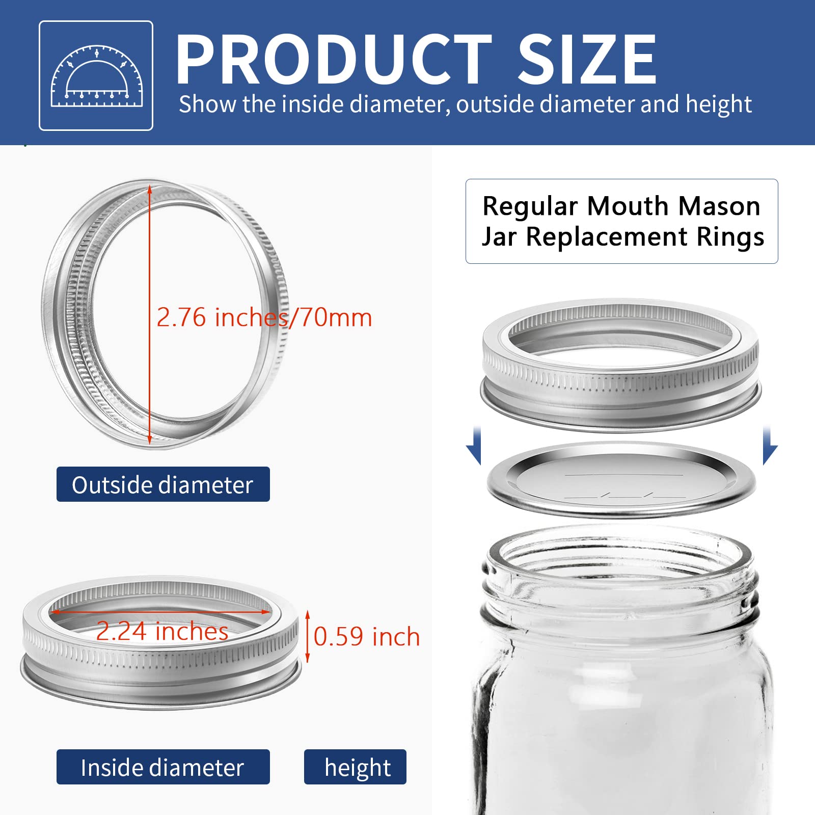 48 Pieces Regular Mouth Canning Jar Rings, Regular Mouth Mason Jar Replacement Metal Rings - Split-Type Seals Jar Rings Rust Pro