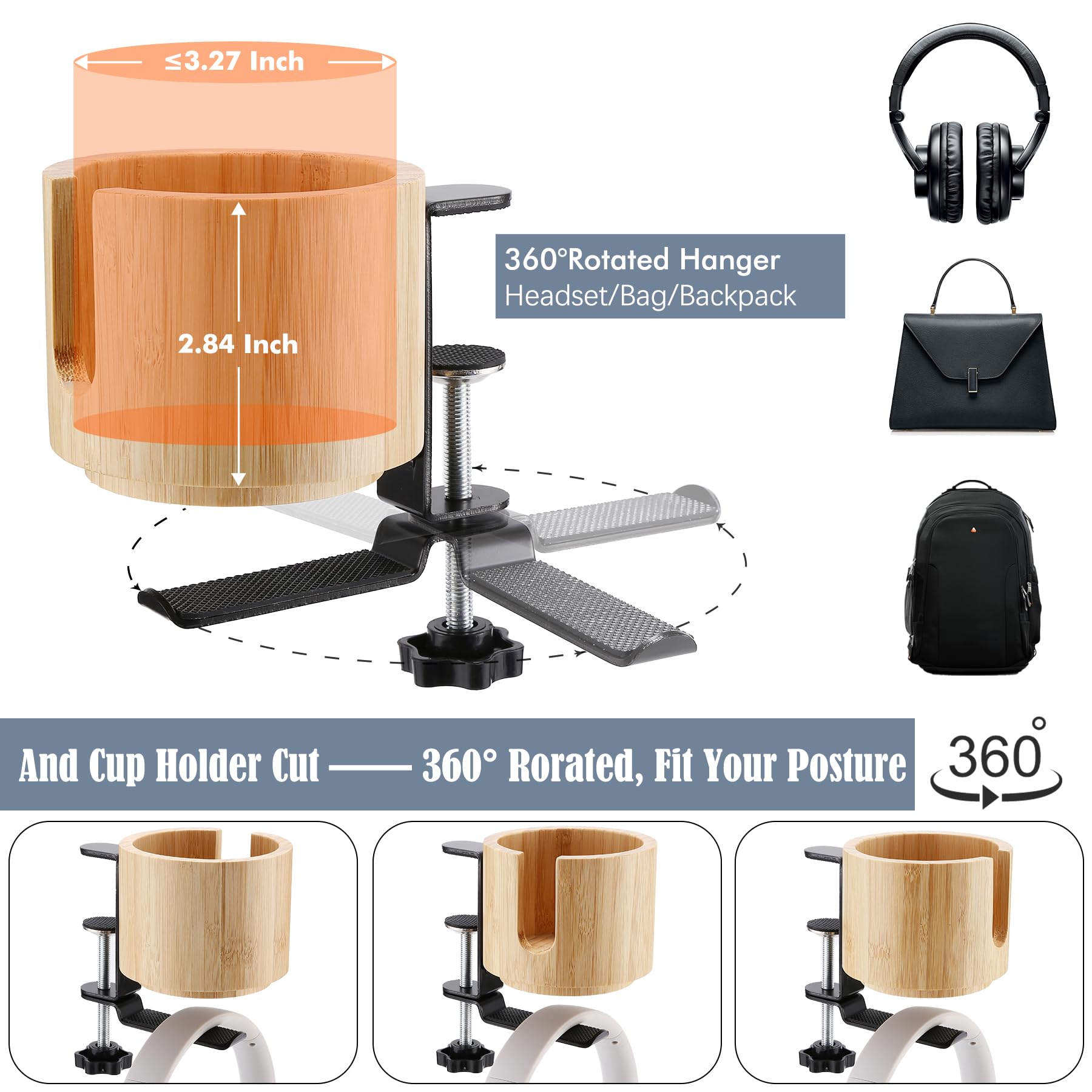 Nnewvante Desk Cup Holder, 2 In 1 360 Rotating Headphone Hanger Under Desk, 360 Anti-Spill Cup Holder, Table Cup Holder For Wate