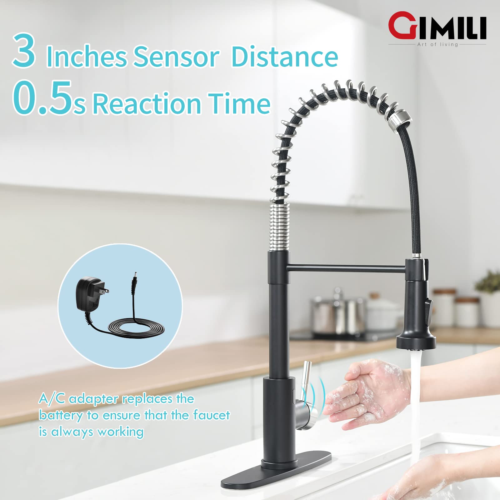 GIMILI Touchless Kitchen Faucet with AC Adapter  Smart Motion Sensor Activated Hands-Free Single Handle Faucet for Kitchen Sink with AC Adapter  Matte Black&Brushed Nickel