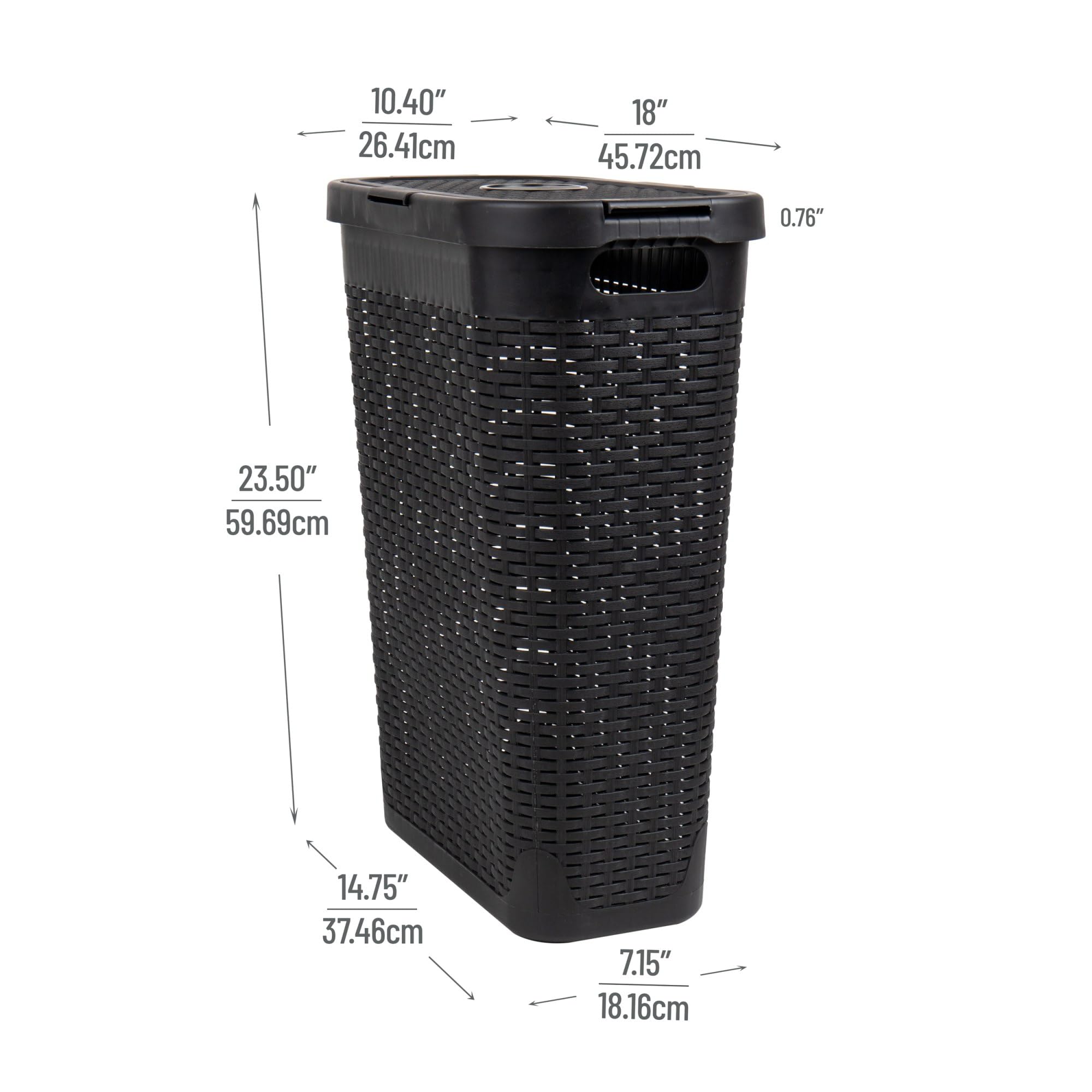 Mind Reader 40L Slim Laundry Hamper, Clothes Basket, Lid, Wicker Design, Plastic, 18''L X 10.4''W X 23.5''H, Black
