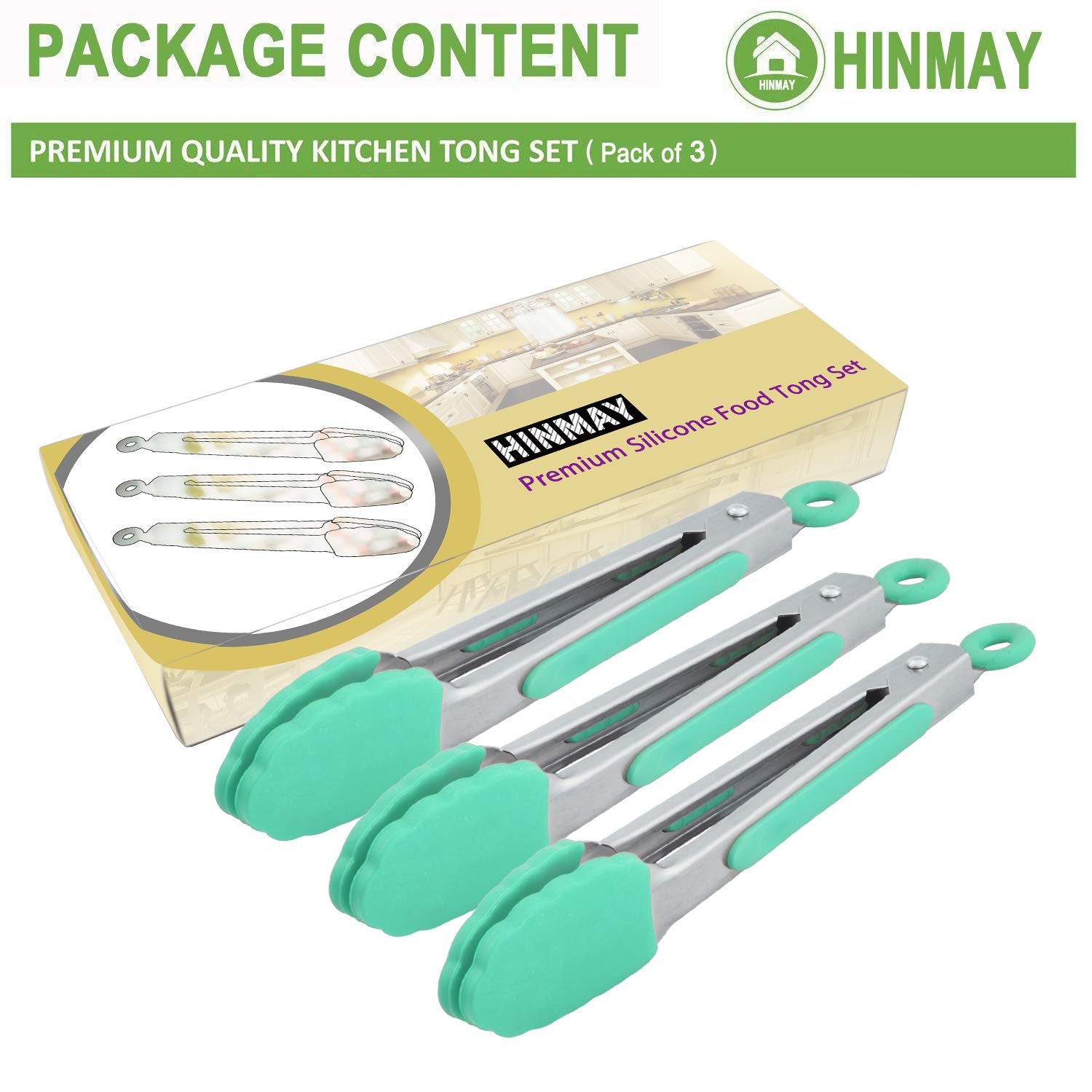 Hinmay Small Appetizer Tongs 7-Inch Silicone Tipped Kitchen Tongs, Set Of 3 (Mint)