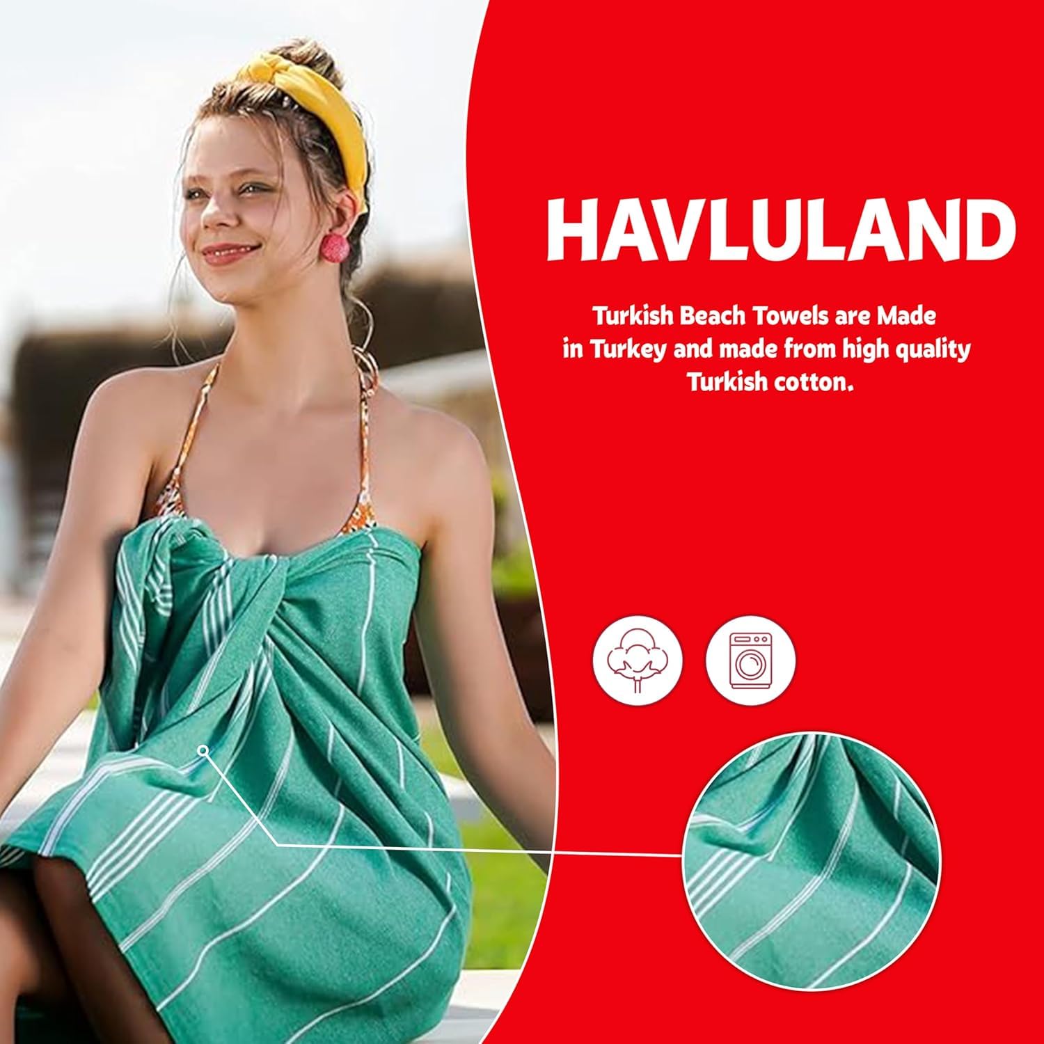 HAVLULAND Set of 4 Turkish Beach Towel 100% Cotton Oversized 71x39 Turkish Bath Towels Sand Free Beach Towels Lightweight Absorbent Quick-Dry Picnic Outdoor Yoga Camping Travel Beach Blanket