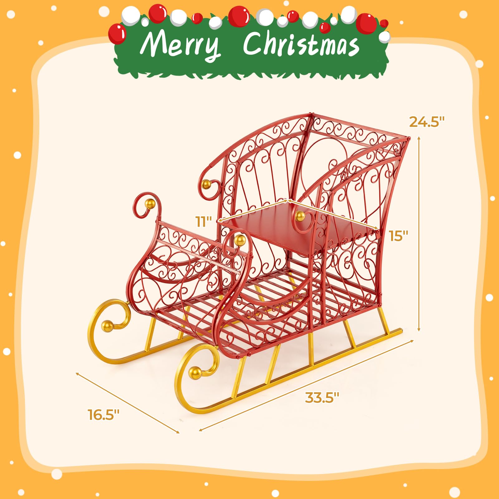 Tangkula Metal Christmas Santa Sleigh Basket, 2-Tier Red Xmas Santa s Gift Storage Sleigh with Large Cargo Area, Festive Decorat