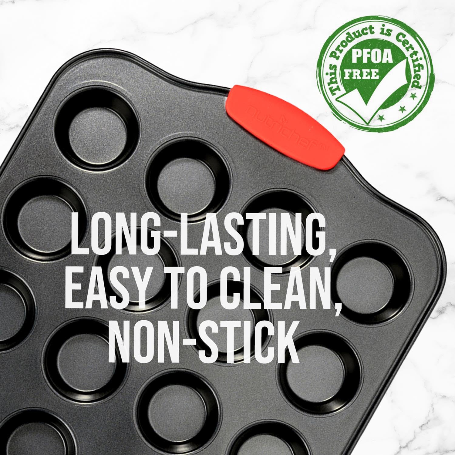 Nutrichef 24-Cup Nonstick Mini Muffin Pan With Red Silicone Handles - Carbon Steel Bakeware Tray For Savory & Sweet Treats - Dis