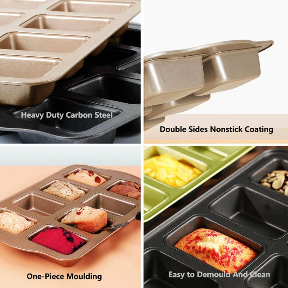 Kilimazart Non-Stick Mini Loaf Pan Cake Bread Baking Tray Carbon Steel Bakeware 8-Cavity (Golden)