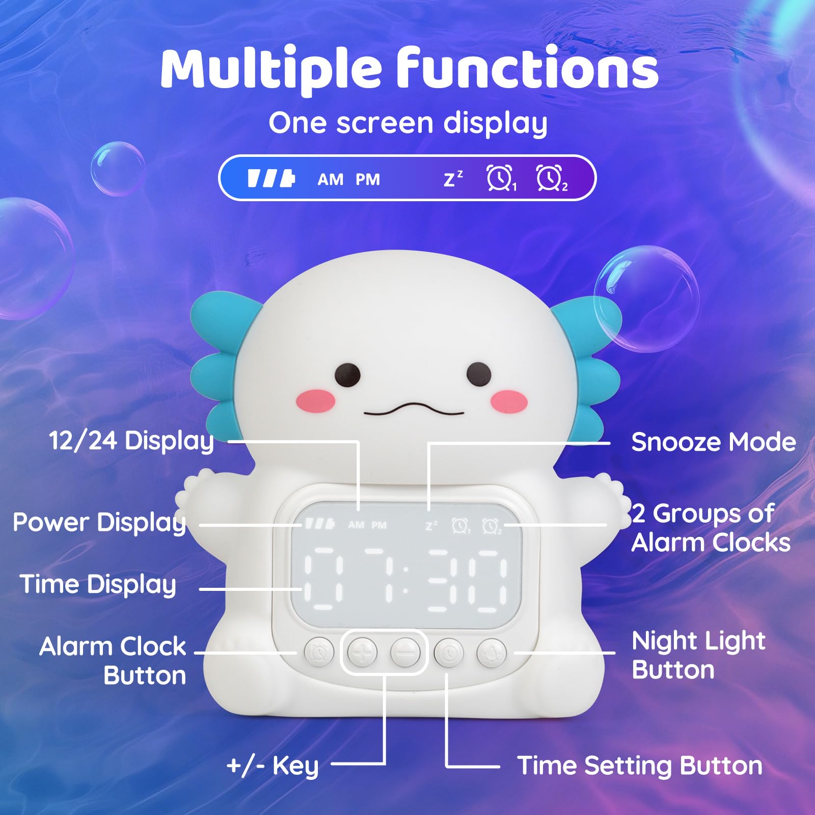 Aokpsrt Axolotl Alarm Clock with Night Light for Kids, Rechargeable Silicone Lamp Time to Wake Clock Cute Animal Tabletop Lamp,