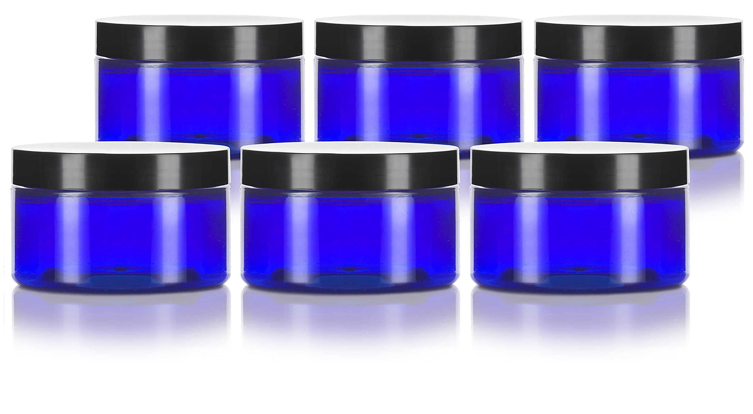 2 Oz Cobalt Blue Heavy Wall Plastic Refillable Low Profile Jar With Black Smooth Lid (6 Pack)