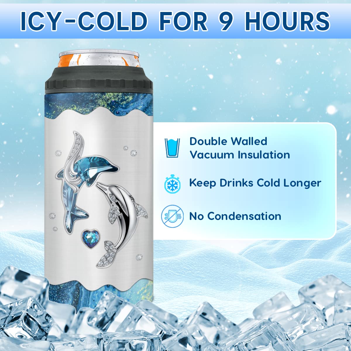 Wassmin Dolphin Tumbler Can Cooler 4-In-1 Dolphin Gift For Women Girls Teen Dolphins Jewelry Drawings Stainless Steel Insulated