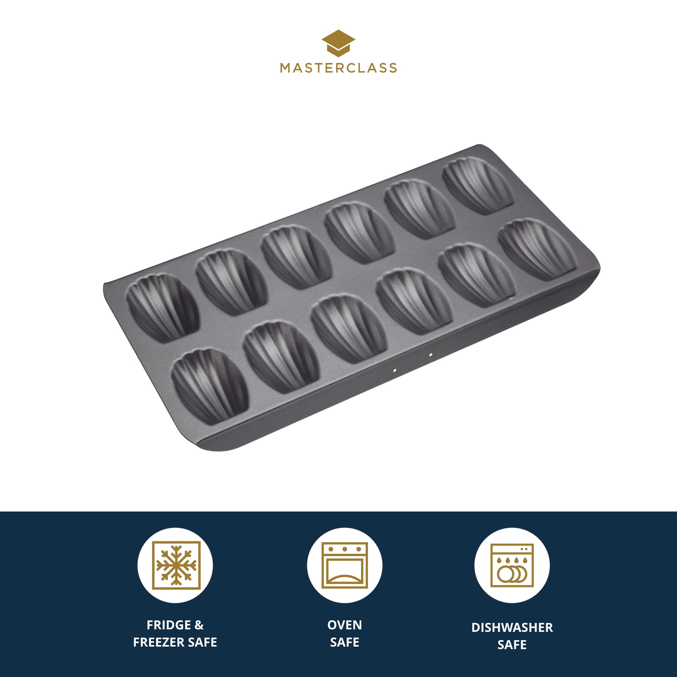 Masterclass Madeleine Tray With Pfoa Free Non Stick, Robust 1Mm Carbon Steel, 12 Hole Cake Mould, 40X 20 Cm, Grey