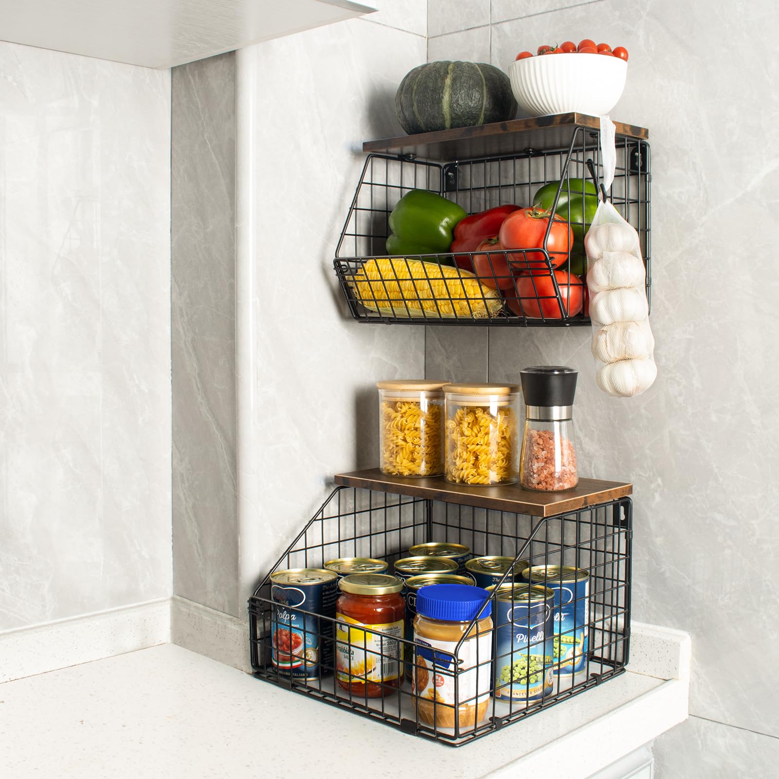 Mefirt Fruit Basket, Stackable Wall Mounted Fruit Baskets, Potato Basket Onion Storage For Kitchen, Hanging Wire Basket With Woo
