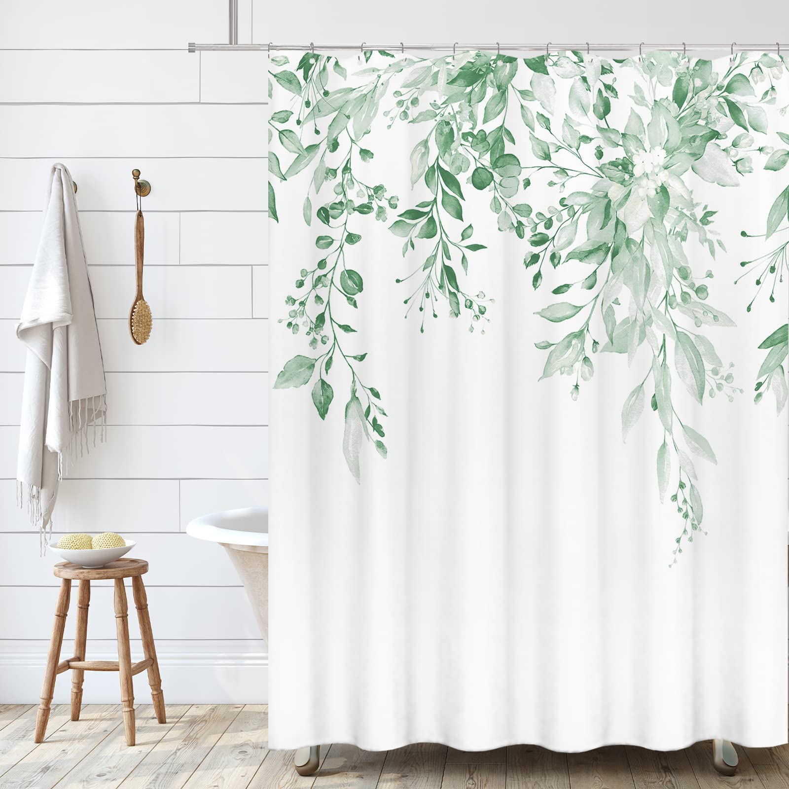 Tititex Mint Green Eucalyptus Shower Curtain Sets, Watercolor Leaves On The Top Plant With Floral Bathroom Decoration 72X84 Inch
