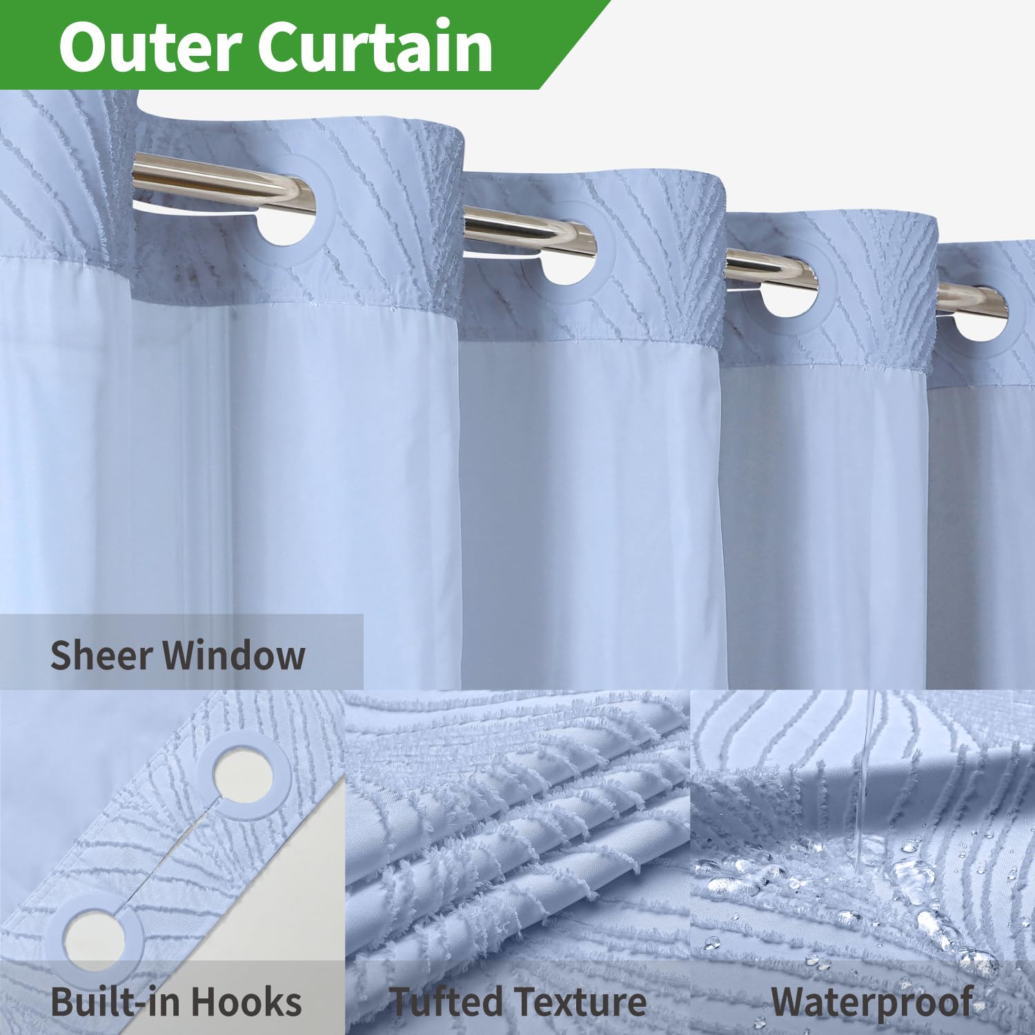 Eachope No Hook Shower Curtain And Liner Set,Boho Style With See Through Top Window, Blue Fabric Tufted Striped Textured Outer C