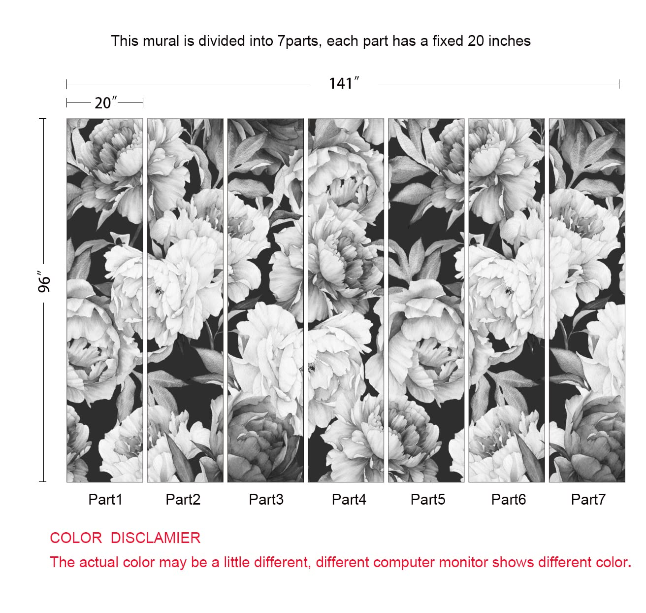Mfwfm Black And White Peonies Wallpaper Watercolor Floral Mural Wallpaper For Bedroom Living Room (Not Peel N' Stick)