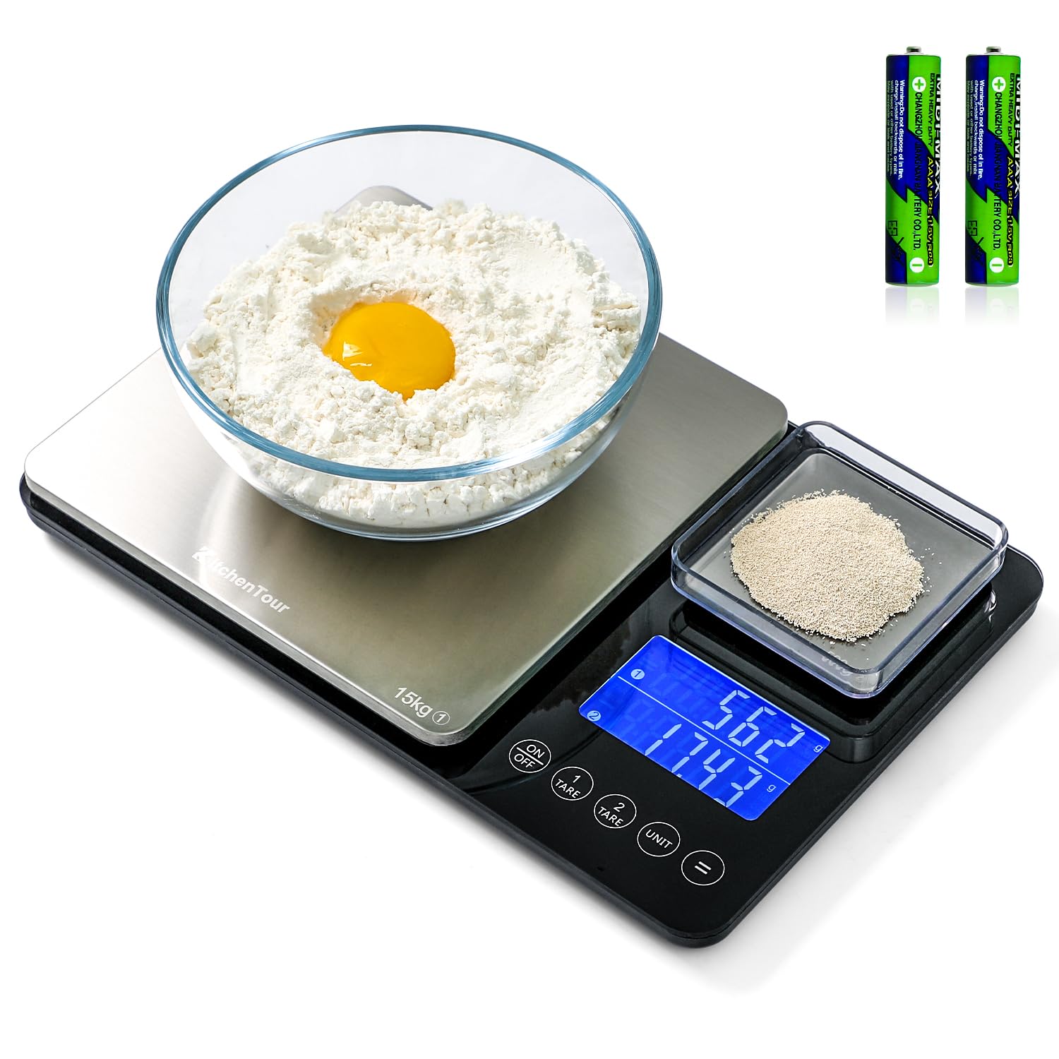 Kitchentour Dual Platform Digital Kitchen Scale With Total Weight Function - 500G/0.01G & 15Kg/1G - Accurate For Cooking And Bak