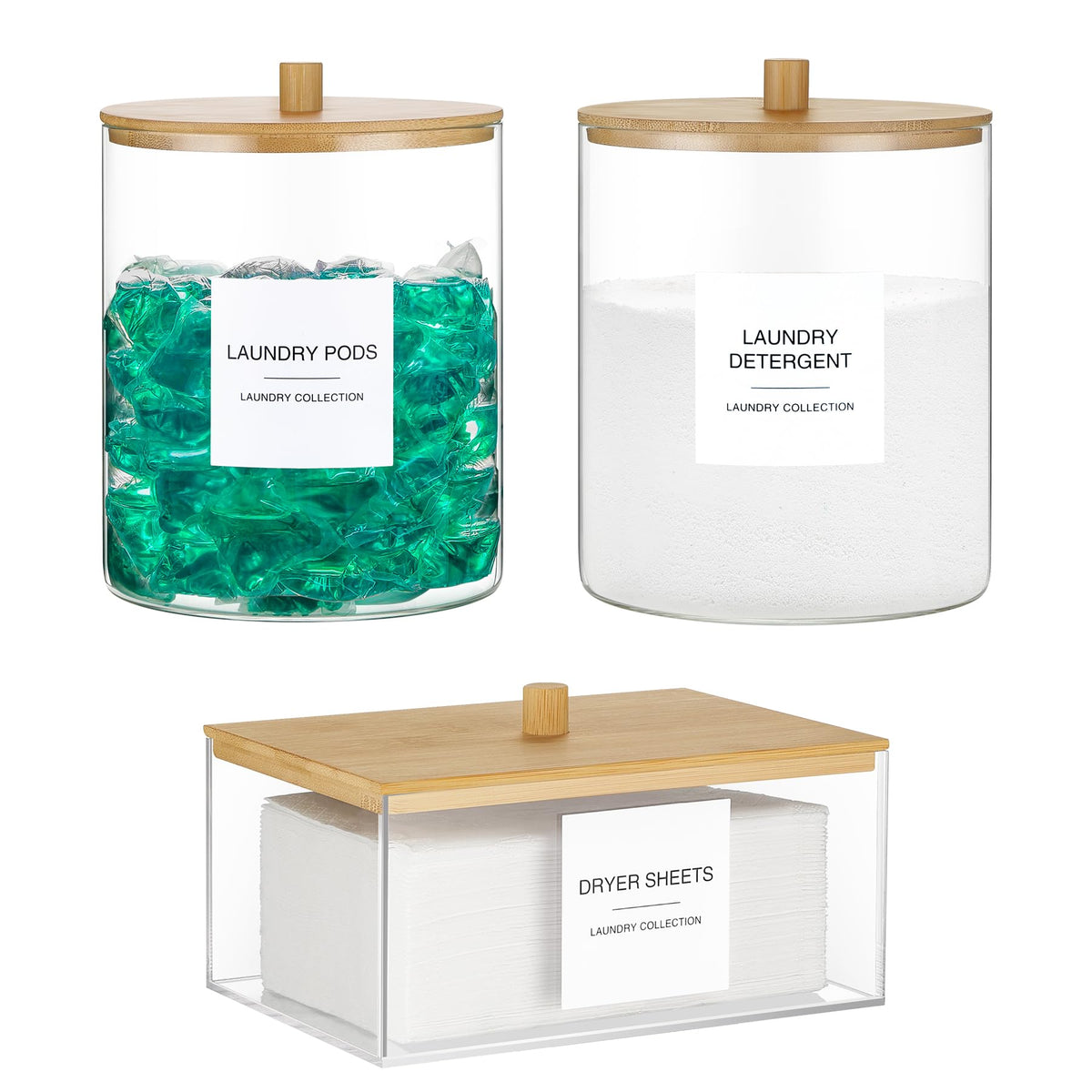 Glass Jars And Acrylic Dryer Sheet Holder, Laundry Pods Container With Bamboo Lid And 27 Labels, Powder Detergent Containers For