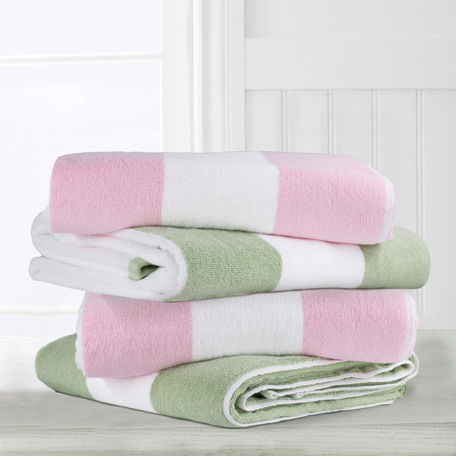 Clowood Plush Oversized Beach Towel - Cotton 40 X 72 Inch Large Thick Pink Striped Cabana Pool Swimming Towel