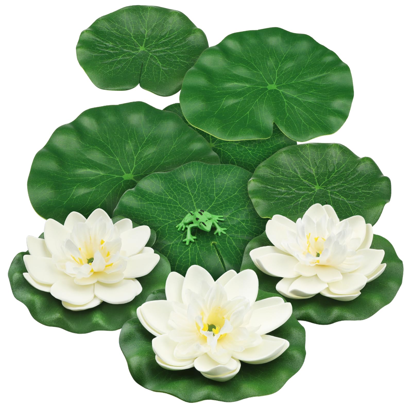 PietyPet 10pcs Artificial Floating Foam Lotus Flowers with Artificial Frog Lotus Leaves, Lily Pads for Lake, Pond Plants Ornamen