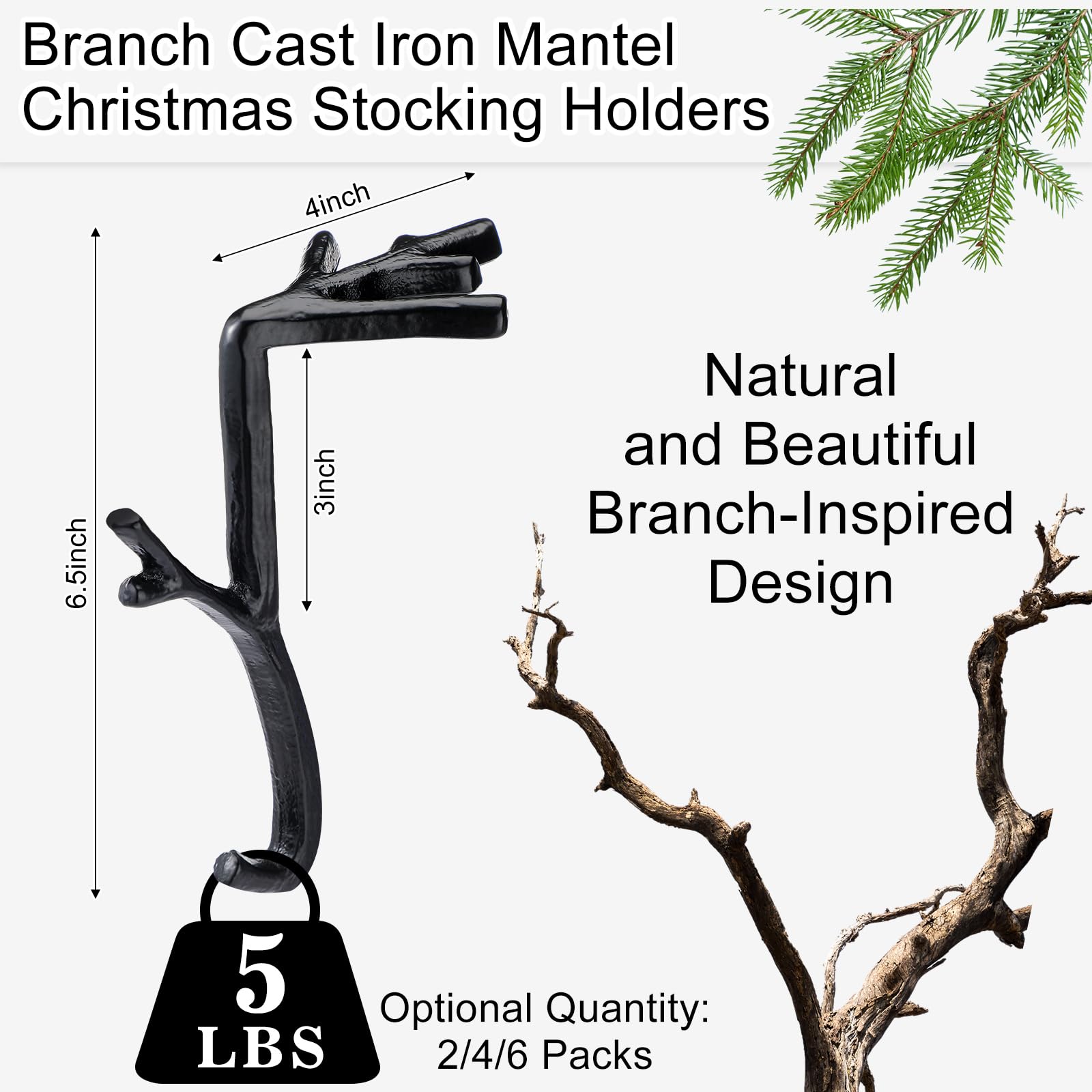 Vicenpal 6 Pcs Fireplace Stocking Garland Hanger for Mantel 2 in 1 Christmas Stocking Holder Two Hooks Durable Wrought Iron Meta
