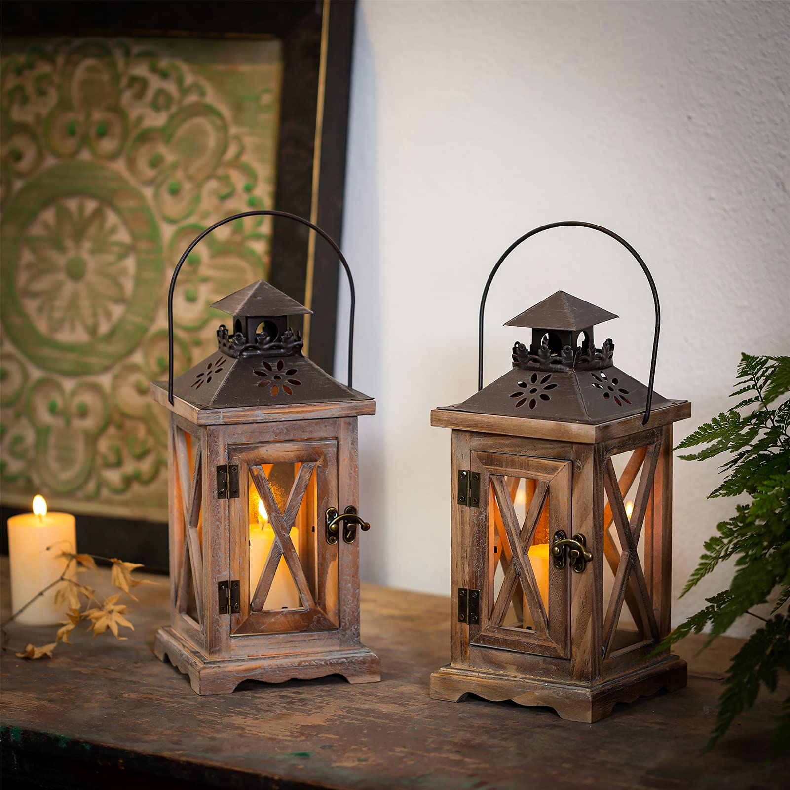 Sziqiqi Farmhouse Lanterns Home Decor Decorative Wood Lantern for Wedding Centerpieces Vintage Brown Candle Lantern for Patio Fi