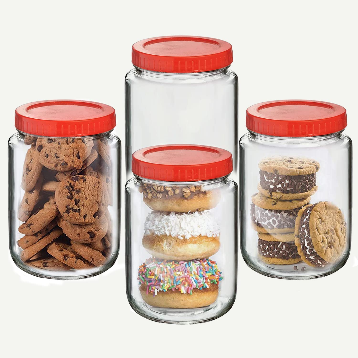 Vency Thick Glass Round Shape Transparent Glass Jars & Containers For Kitchen Storage With Red Color Plastic Lid (Set Of 4) (100