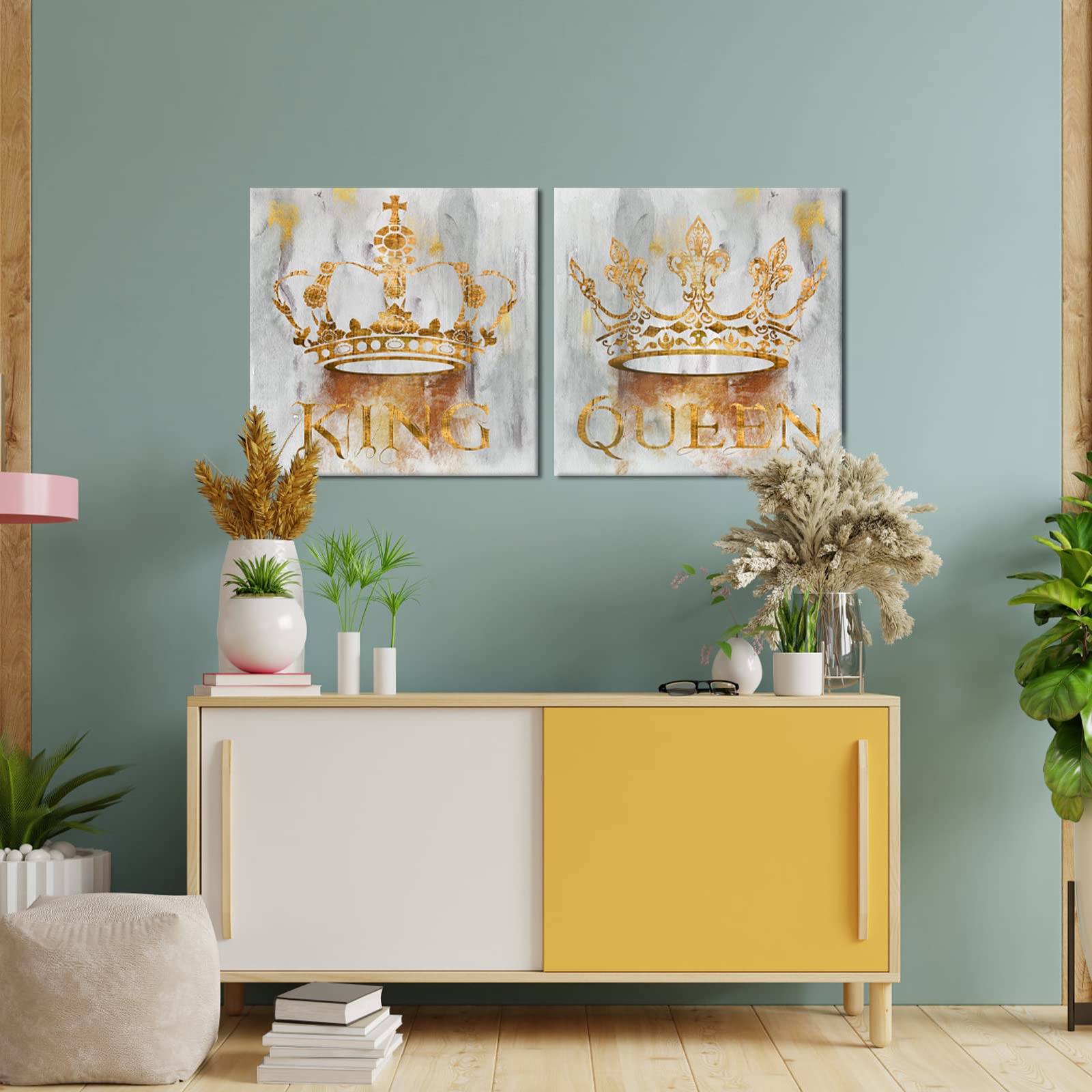 Sechars King And Queen Canvas Wall Art Crown Painting Prints Gold And Grey Bedroom Decoration Couples Annivesary Wedding Gifts 2