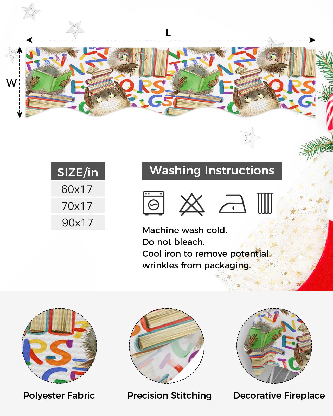Victoroes Mantle Scarf 90 X 17 Inch, Back To School Season Cartoon Owl Book Fireplace Mantel Scarf Mantel Cover Runner For Home