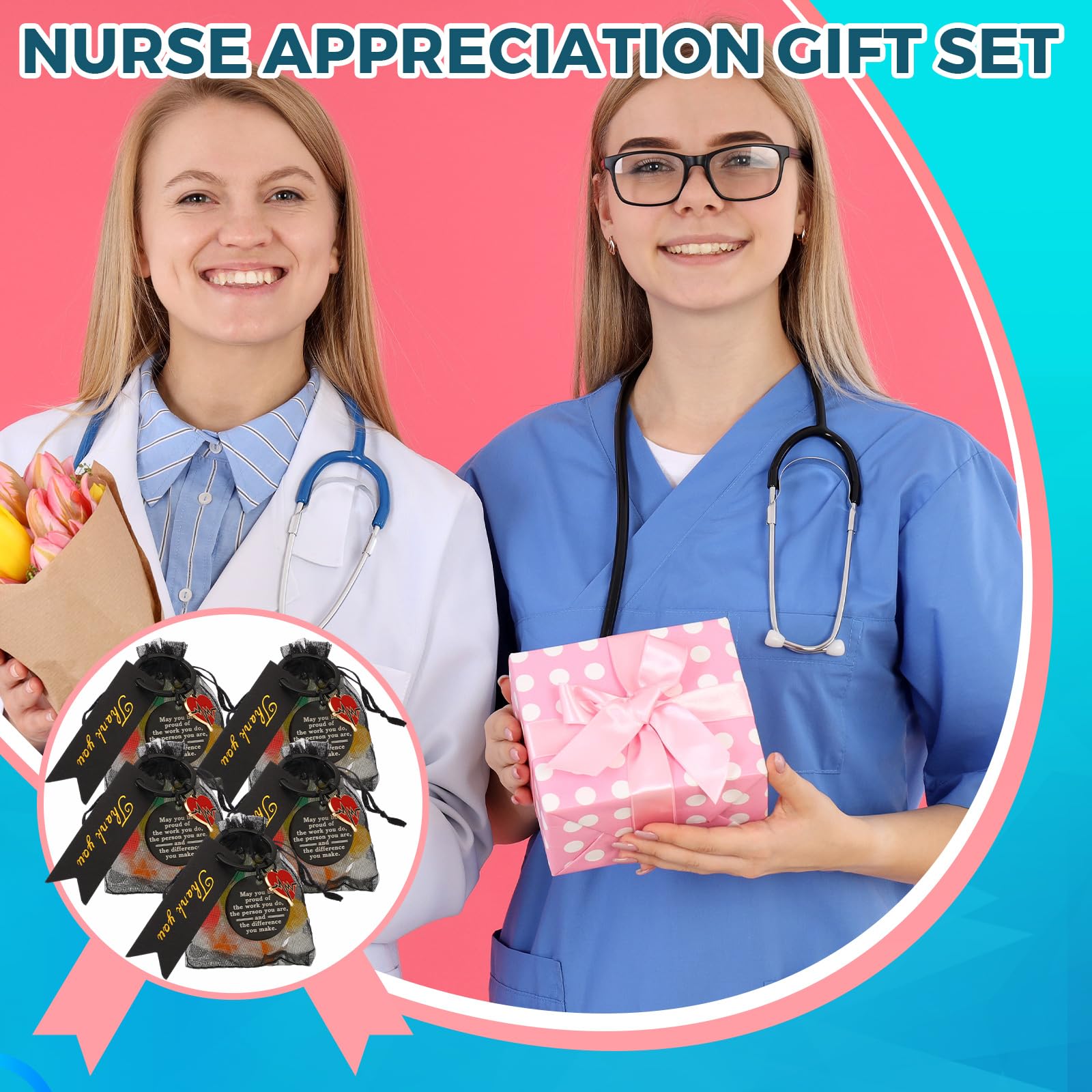 Sureio 72 Pcs Nurse Gift Include 24 Nurse Keychain With 24 Tassel Organza Bag And 24 Tag Thank You Gifts For Party(Black,Classic