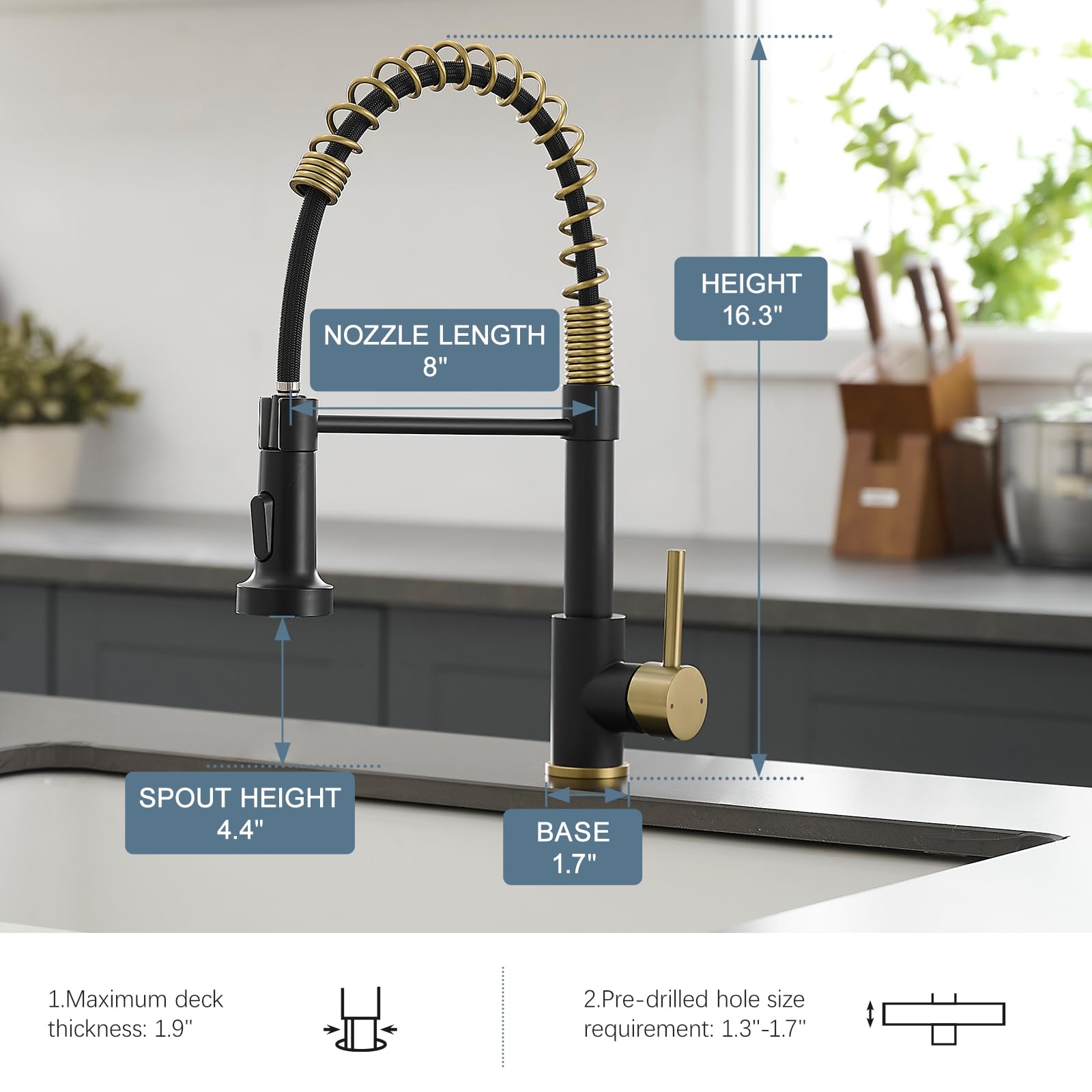 Aimadi Matte Black Kitchen Faucet,Black And Gold Kitchen Faucet With Pull Down Sprayer Commercial Single Handle Spring Kitchen F