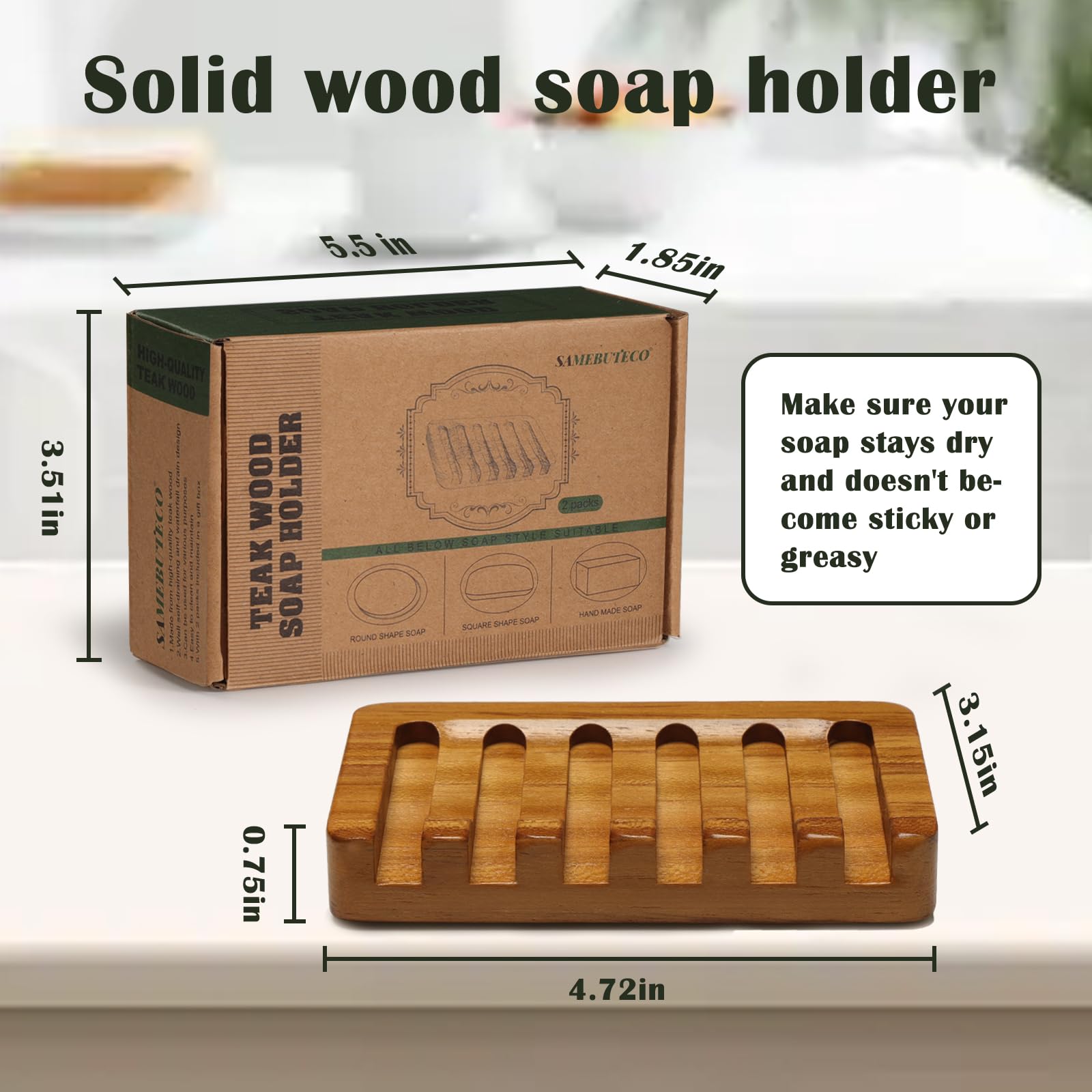 Samebuteco Teak Wooden Soap Holder - 2 Pack, Self Draining Tray, Waterfall Drain, Soap Saver For Bathroom Shower And Bar Soap Wi