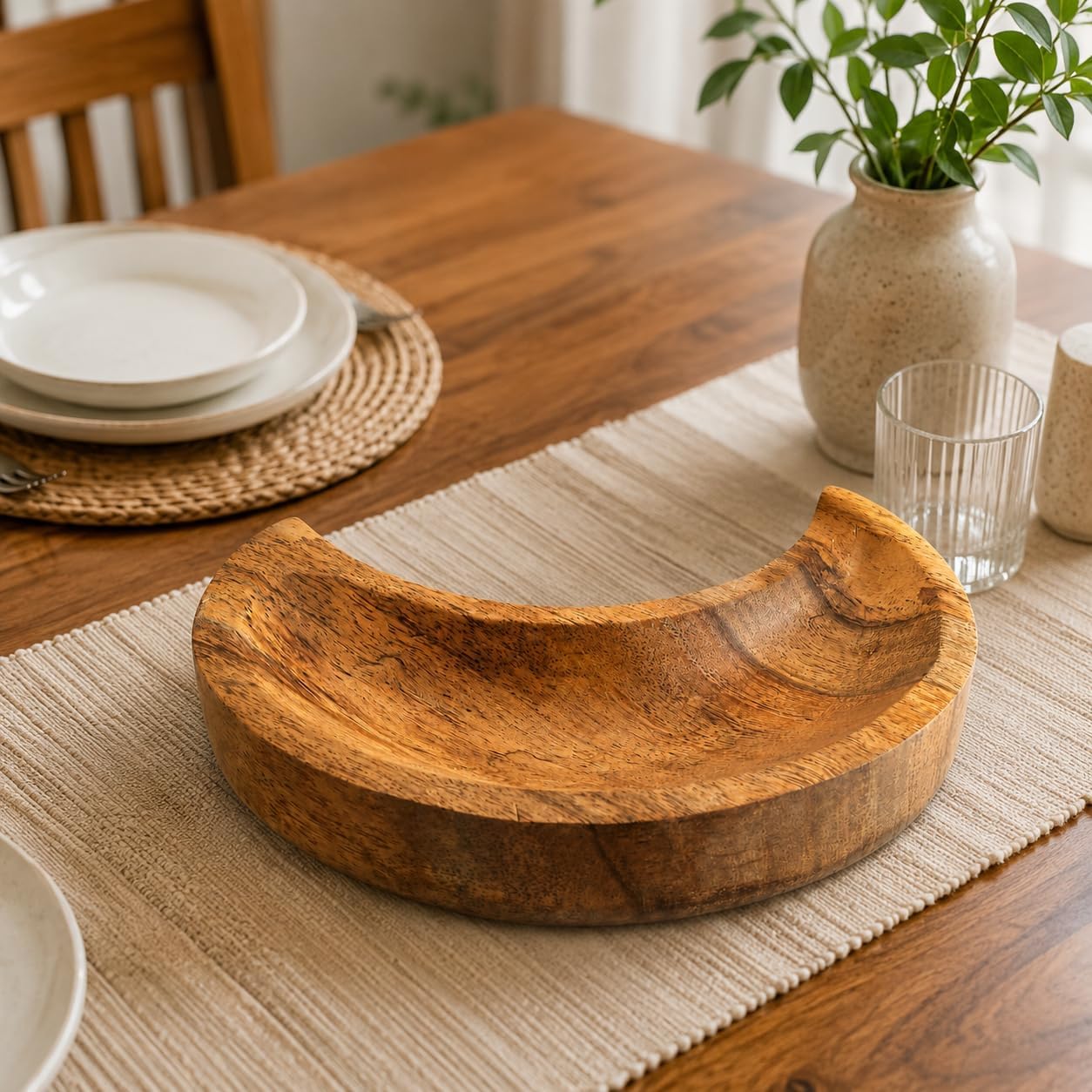 Auranest Decors Wooden Moon Shape Serving Tray 7 Inch | Decorative Mini Snack & Tea Tray For Dining Table, Kitchen & Home Decor 