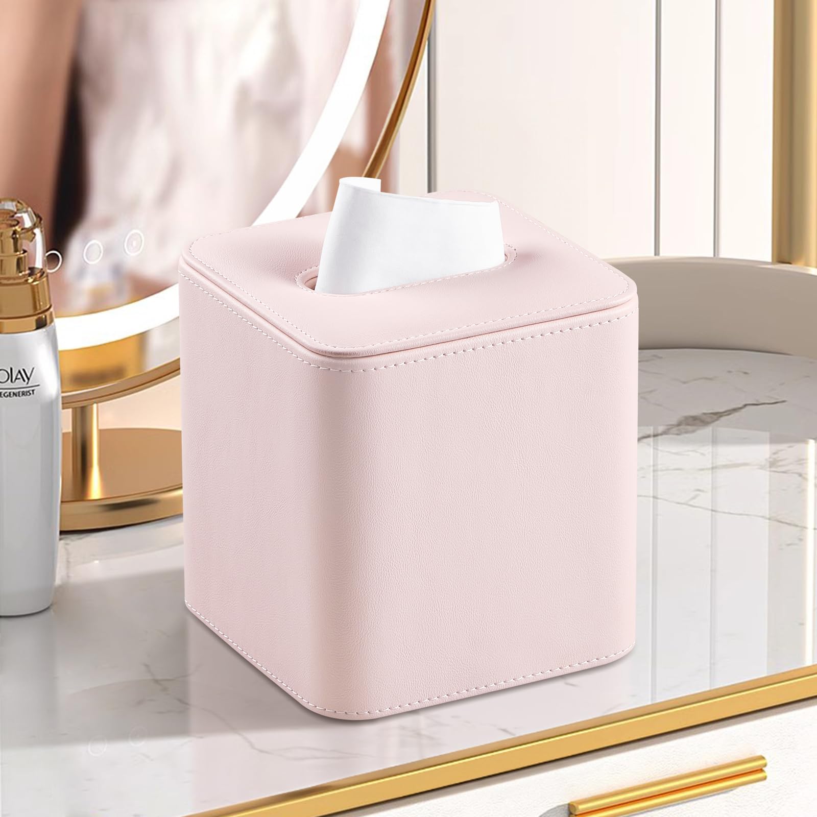 Meibooch Pu Leather Tissue Box Cover With Magnetic Closure, Square Tissue Box Holder With Rounded Edges Design (Pink, Square)