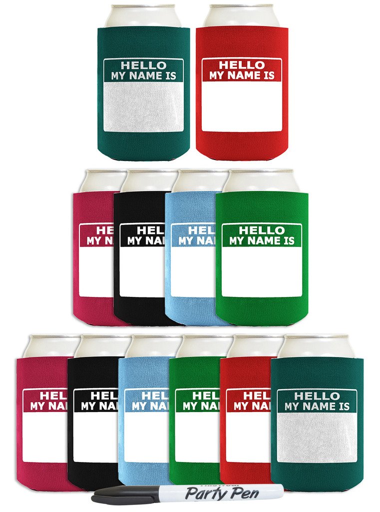 Funny Can Coozie Hello My Name Is Name Badge Set 12-Pack Can Coolers Coolies With Marker