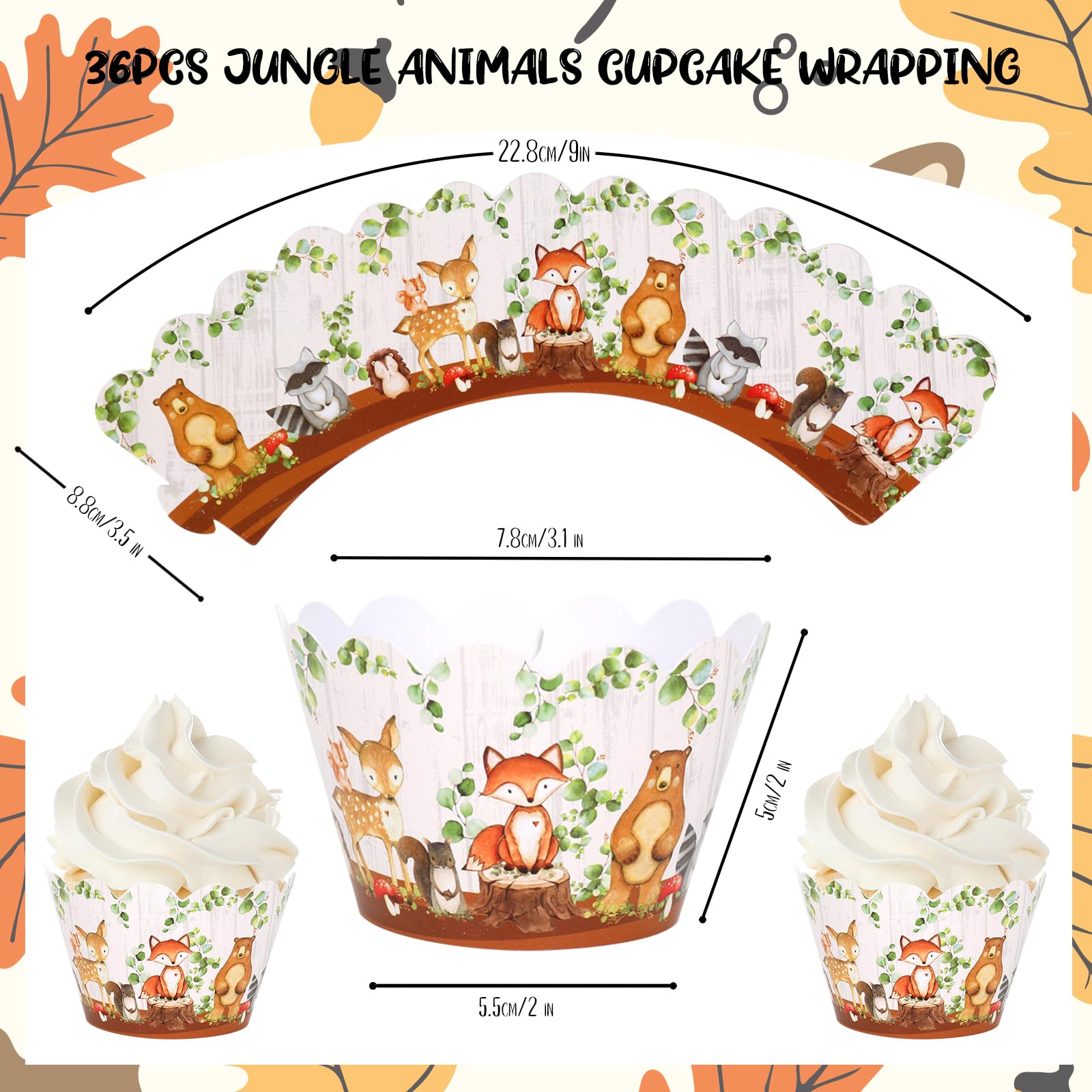 Whaline 36Pcs Woodland Creatures Cupcake Wrappers Forest Animal Cupcake Liners Cute Paper Baking Cup Decorative Cupcake Holders