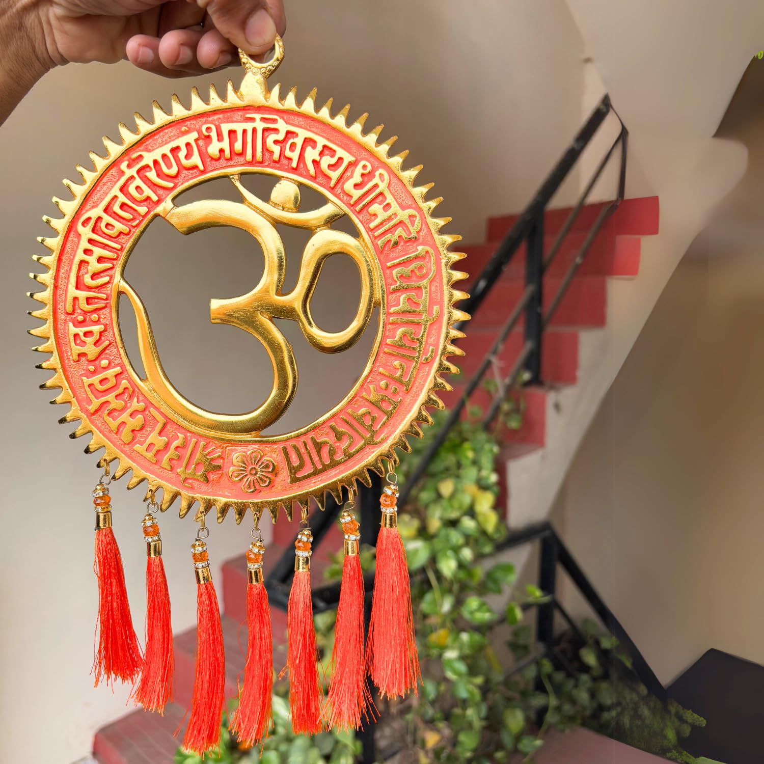Salvus App Solutions Harmony And Enlightenment: Metal Vaastu Feng Shui Om Wall Hanging With Gayatri Mantra (Orange_7.5X8 Inch)