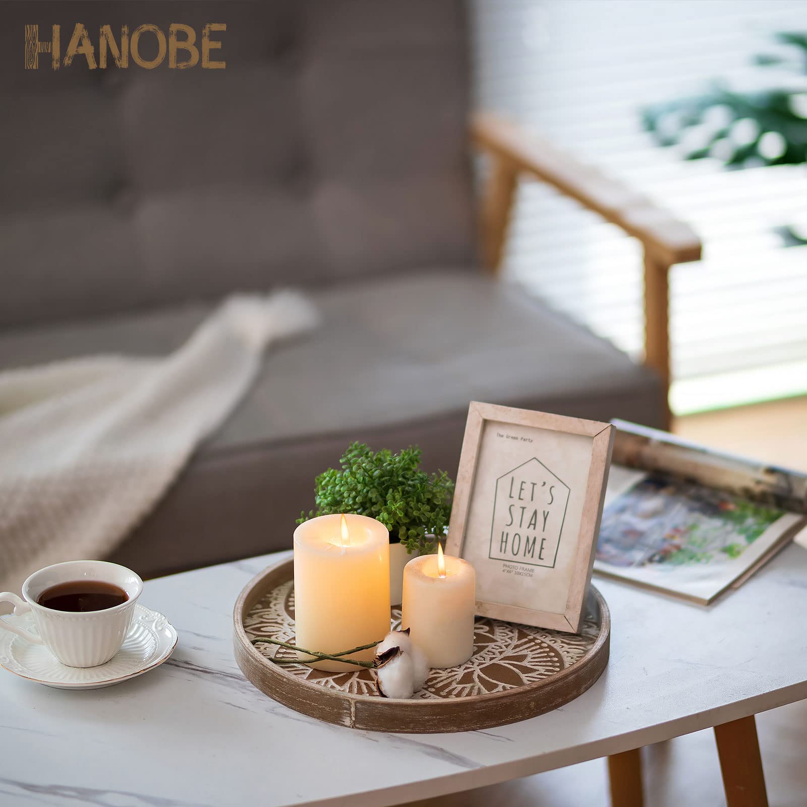 Hanobe Round Wood Decorative Tray: Boho Coffee Table Tray Farmhouse Rustic Brown Centerpiece Decor Wooden Serving Trays Circle T