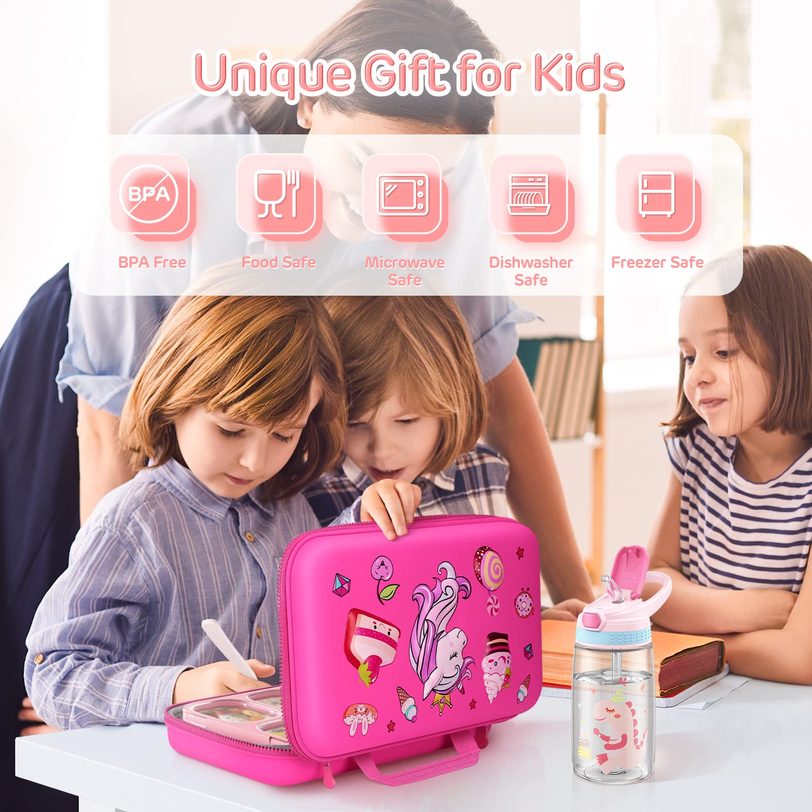 Unicorn Insulated Lunch Bag Set 18Pcs Bento Lunch Box For Kids, Bento-Style Leakproof 4 Compartments Lunch Container Water Bottl