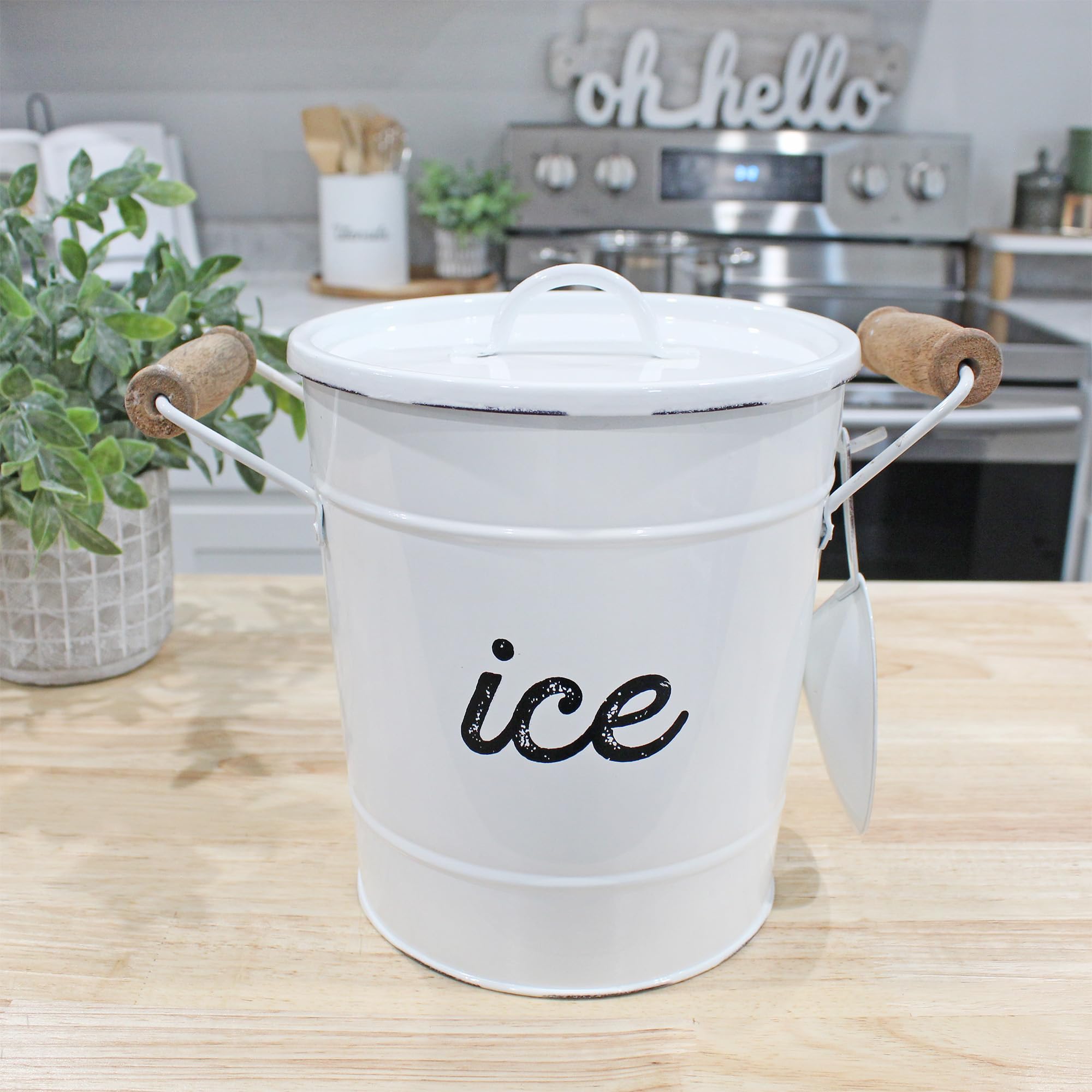 Auldhome Design Rustic Enamelware Ice Bucket; White Farmhouse Style Insulated Ice Server