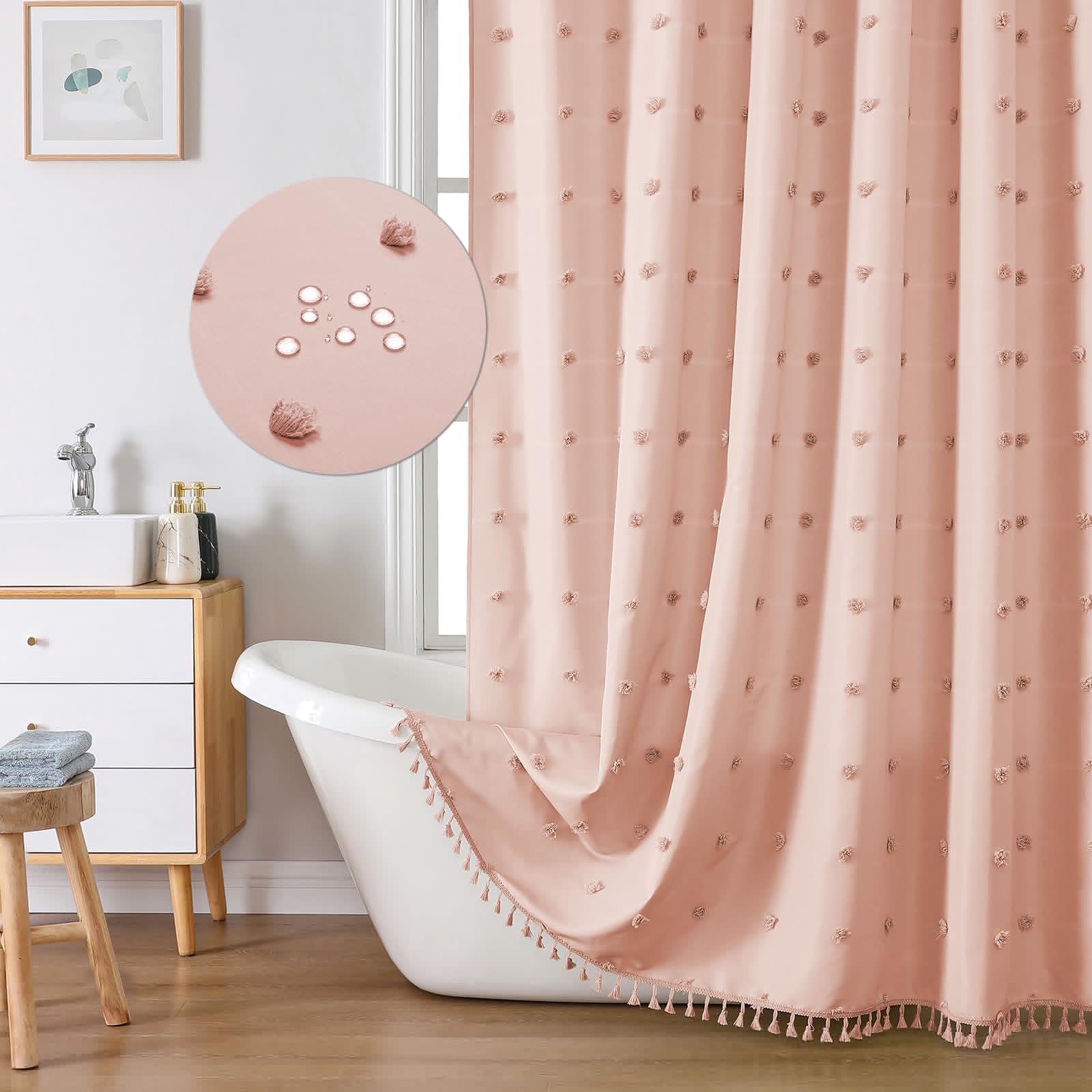 Lilycat Boho Farmhouse Pink Fabric Shower Curtain, 72X72 Tufted Pleat Floral Puffs Textured Tassel Cute Rustic Vintage Shower Cu