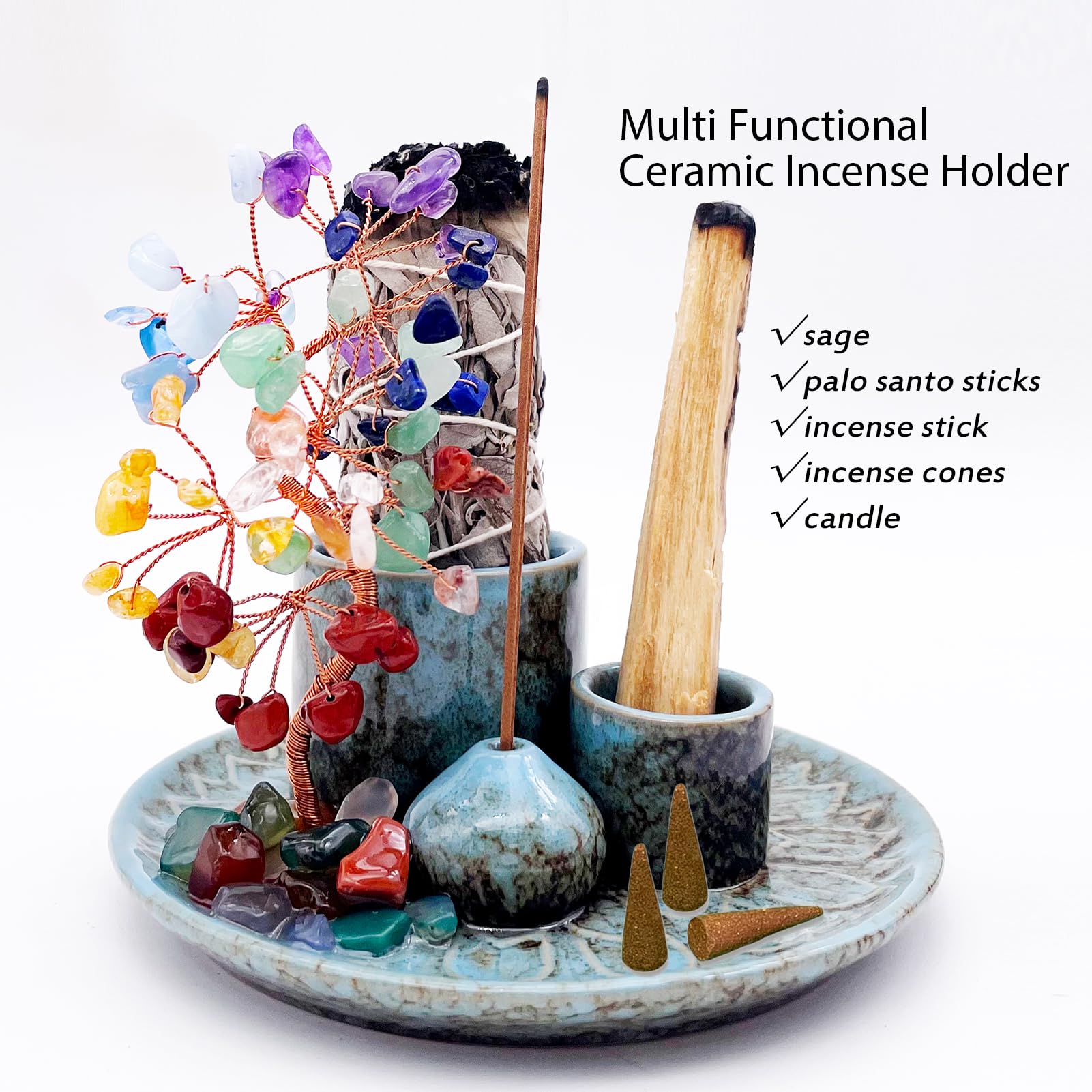 5 in 1 Incense Burner Holder with Crystal Healing Tree, Palo Santo Holder, Sage Holder, Incense Holder for Sticks/Cones/Candles,