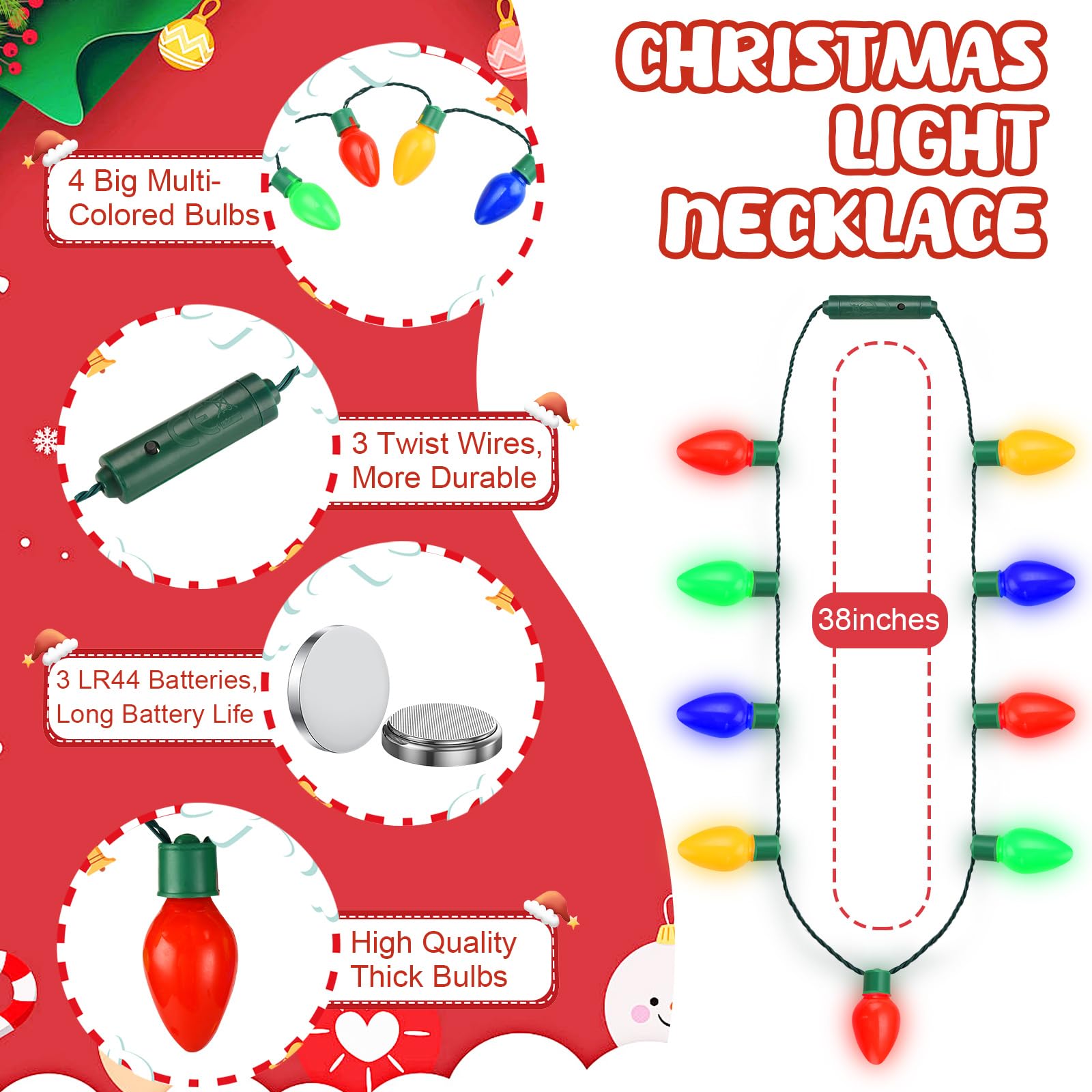 NEARTOP LED Christmas Xmas Light Up Necklace Bulb for Holiday Party Favors 9 LED Bulbs - Ugly Christmas Sweater Accessories (4 P